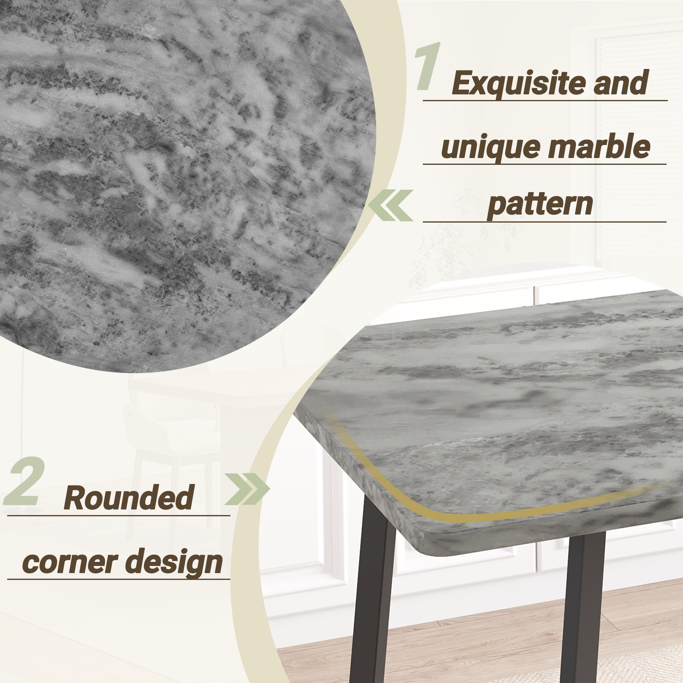 PORKISS 5 Piece Dining Table and Chair Set, Kitchen Dining Room Table Set with Faux Marble Table PU Leather Chairs, Rectangle Dining Table Set for 4, Dinette Set for Small Space, Gray + Black - Image 4