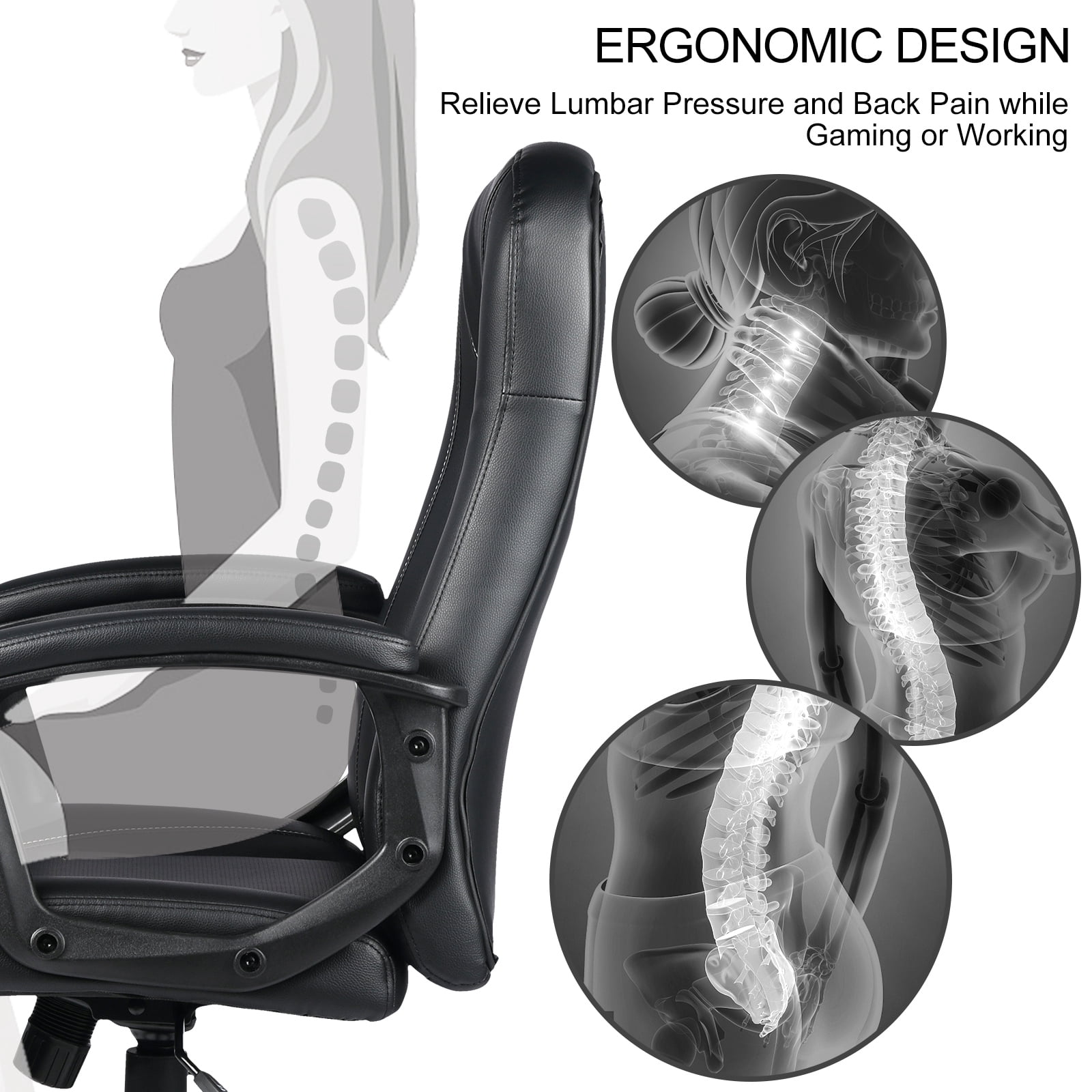 Comhoma Mid Back Ergonomic Faux Leather Executive Office Chair, Black - Image 9