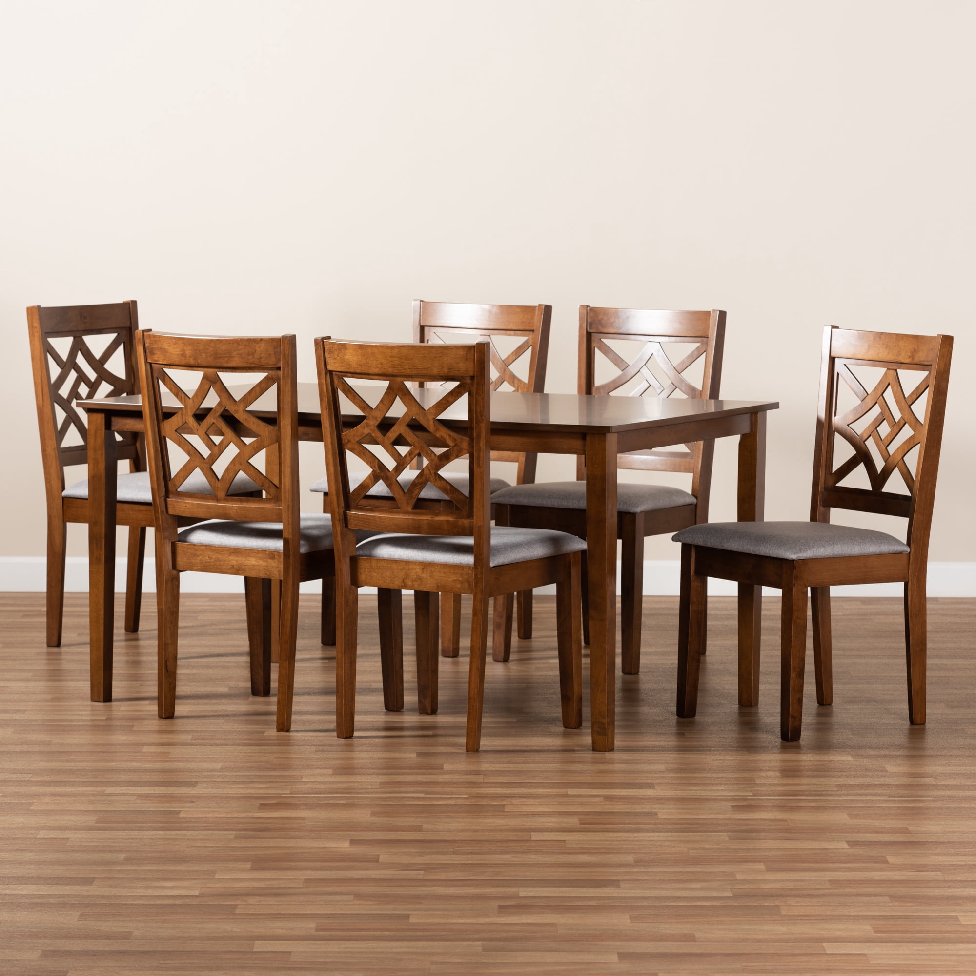 Baxton Studio Nicolette Modern and Contemporary Grey Fabric Upholstered and Walnut Brown Finished Wood 7-Piece Dining Set - Image 5