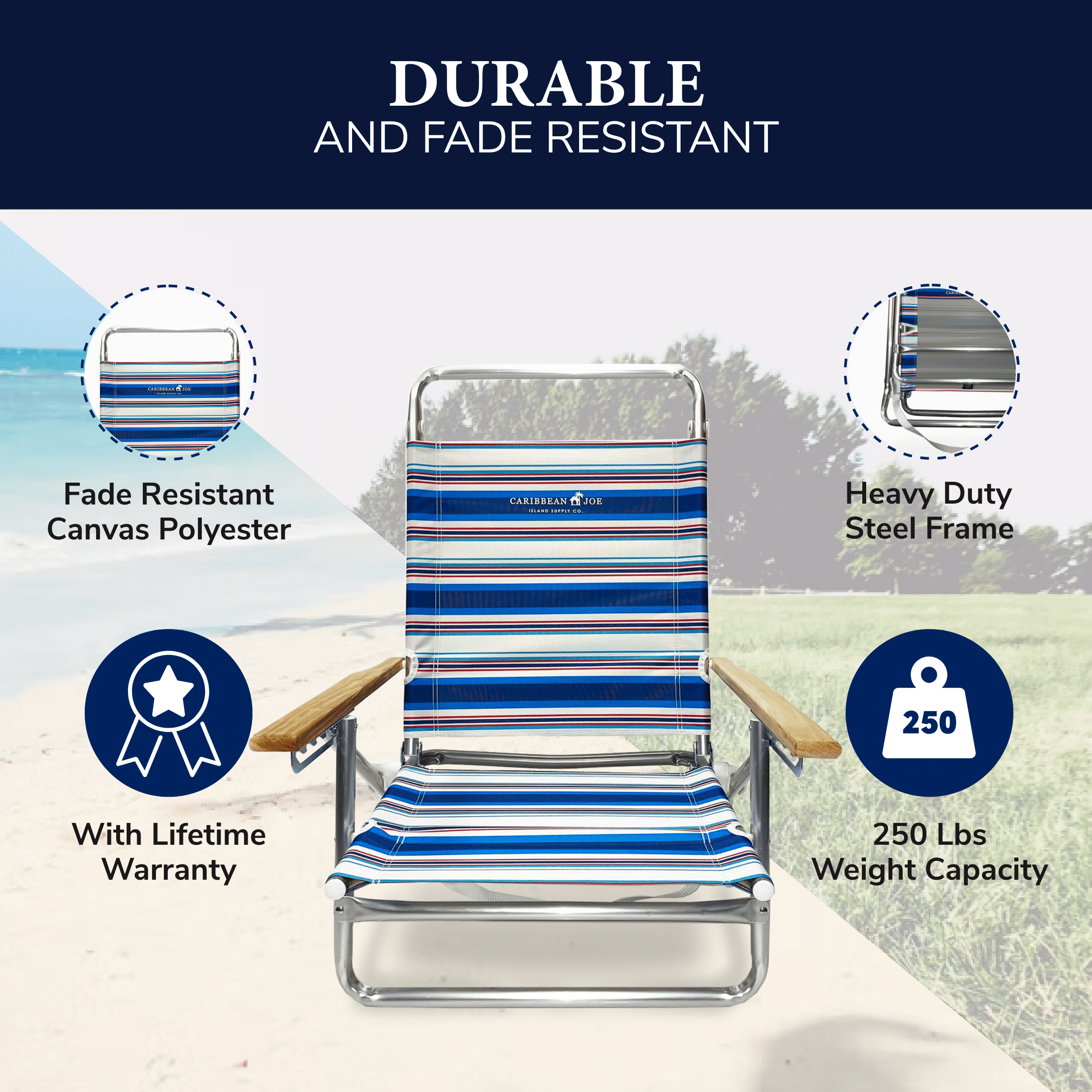 Caribbean Joe 5 Position Folding Beach Chair, Red White Blue Stripe - Image 2