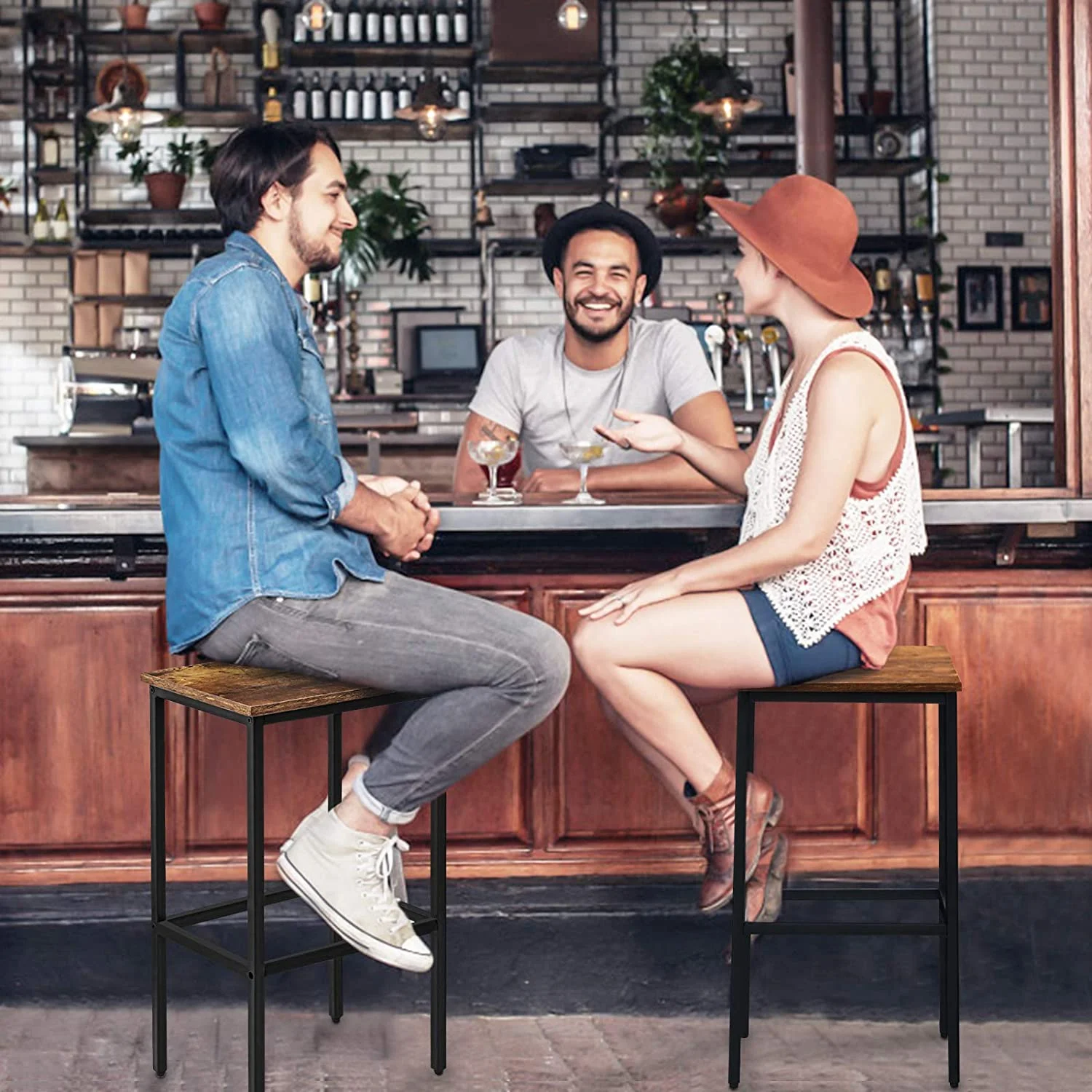 Bar Stools Set of 2 Counter Height Bar Stools 25.6 inch Backless Wood Counter Stool No Back Bar Stool Chairs Barstools for Kitchen, Brown Finish Metal Frame - Image 9