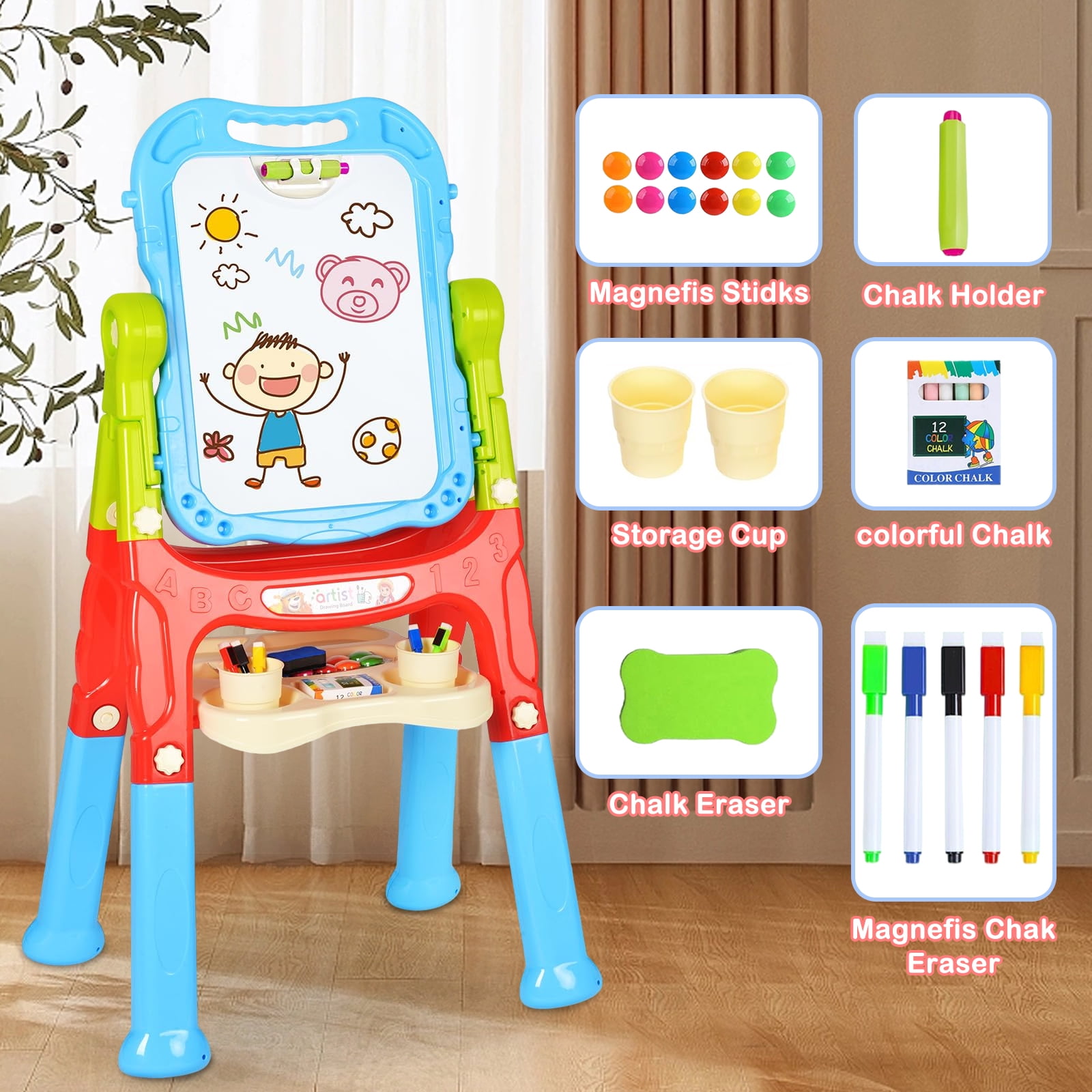 JBee Ctrl Easel for Kids Rotatable Double Sided White Board & Chalk Board Adjustable Standing Kids Art Easel w/ Paint Accessories for Boys Girls Birthday Christmas Gifts for Kids 3-6 Blue - Image 3