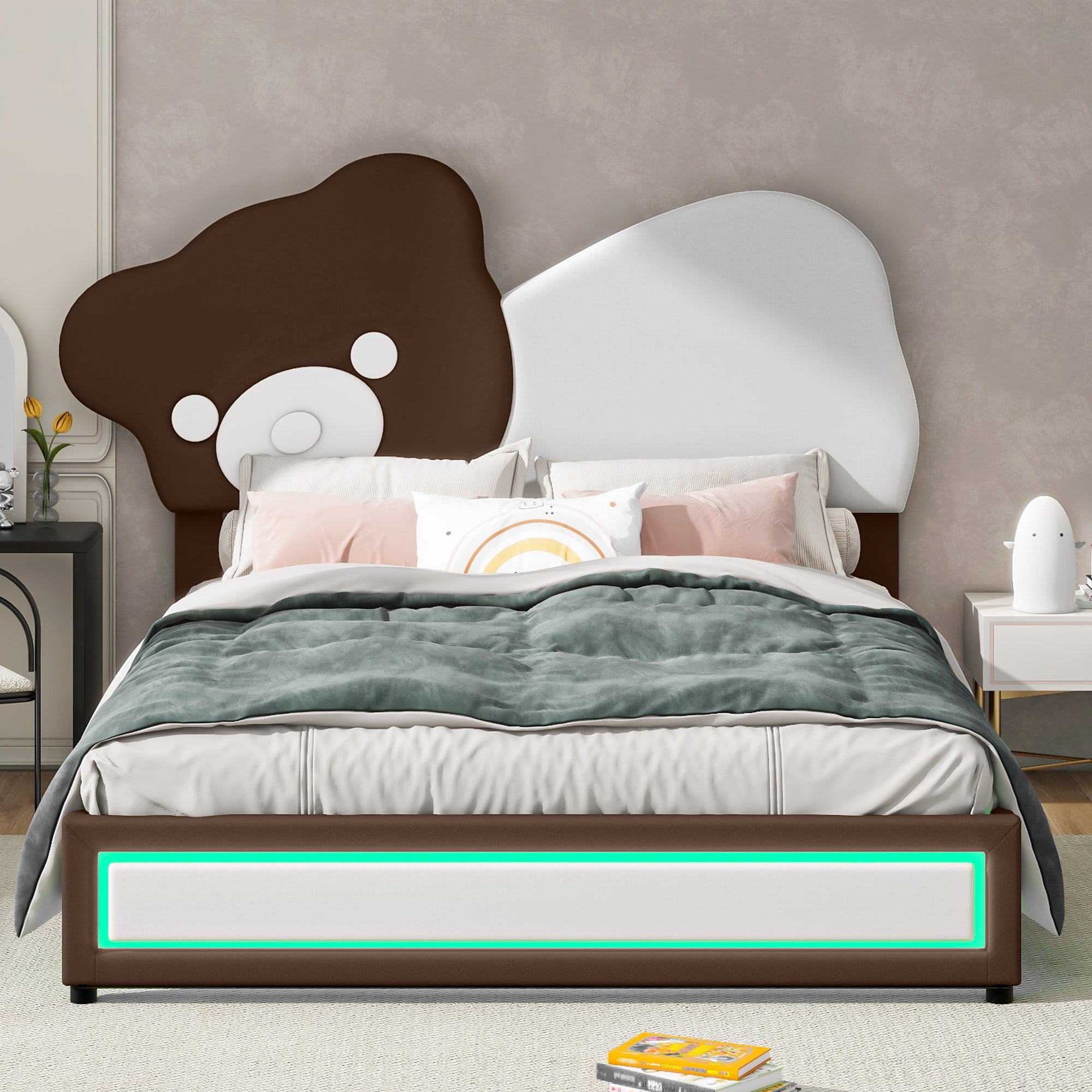 Euroco Upholstered Full Size Platform Bed Frame, Cartoon Bear-Shaped Bed with LED Light for Kids, White - Image 11