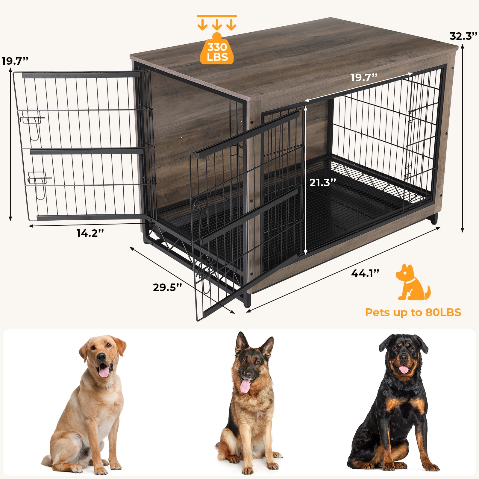 Arlopu 44.1'' Large Dog Crate Furniture, Wooden Dog Cage End Table Indoor Dog Kennel with Double Doors & Pull-Out Tray for Small, Medium, Large Dogs Under 80 lb - Image 11