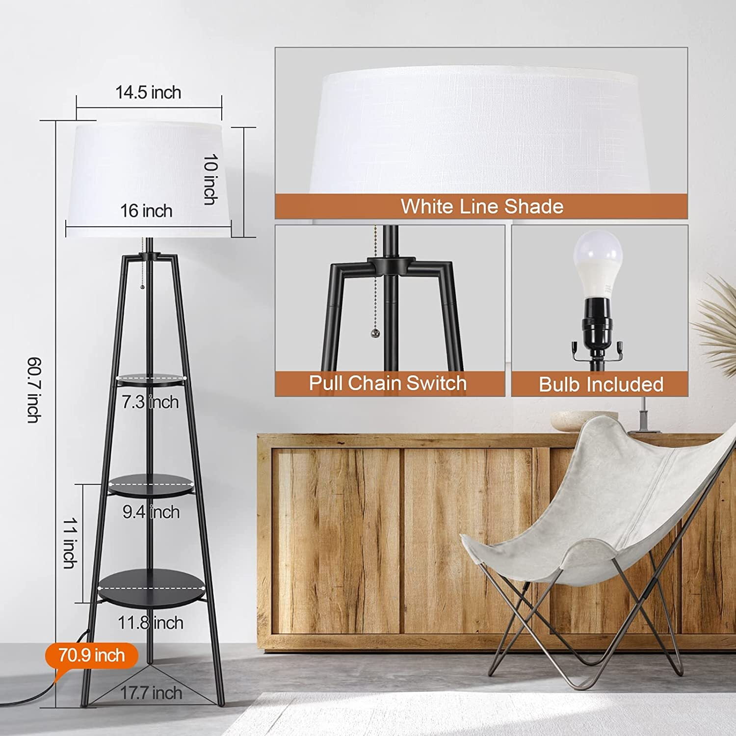 OUTON Tripod Floor Lamp with Shelves, Modern Standing Lamp with Linen Lampshade for Living Room, Bedroom, Office ,3 Color Temperature Bulb Stepless Dimming(Metal Black) - Image 2