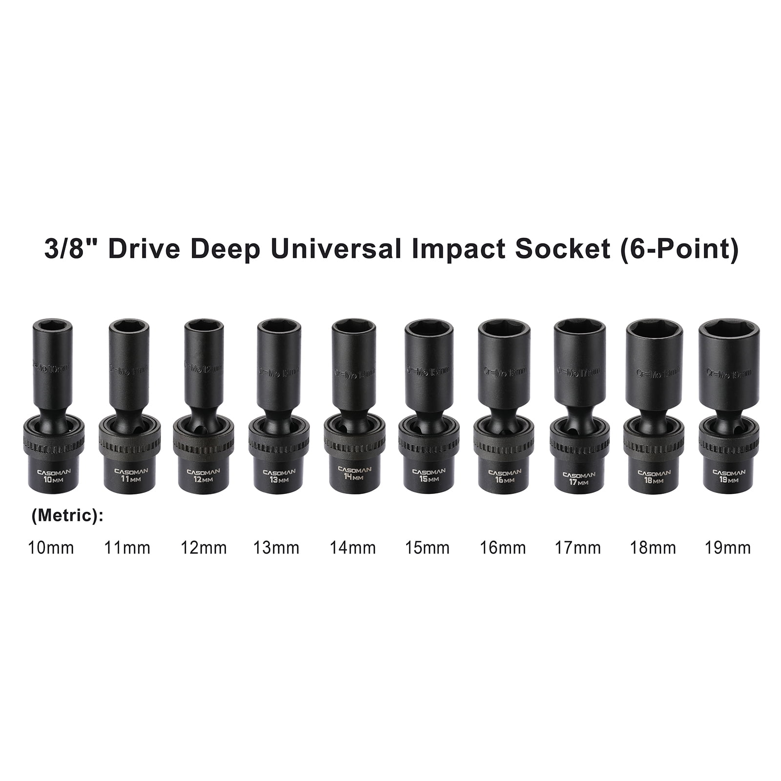 CASOMAN 10 Pcs 3/8" Drive Deep Standard Universal Impact Socket Set, 6 Point, CR-MO, Metric, 10-19mm - Image 5