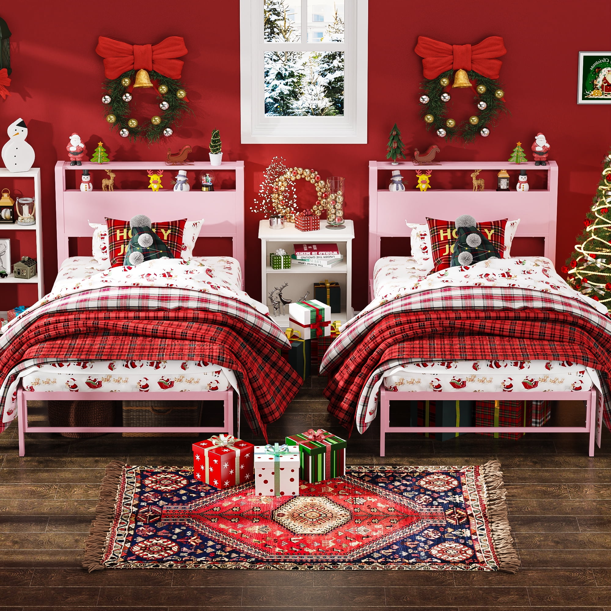 Yoneston 12" Twin Metal Bed Frame with 2-Tire Storage Headboard for Girls, Heavy Duty Platform Bed Frame Bedroom Furniture, Pink - Image 6