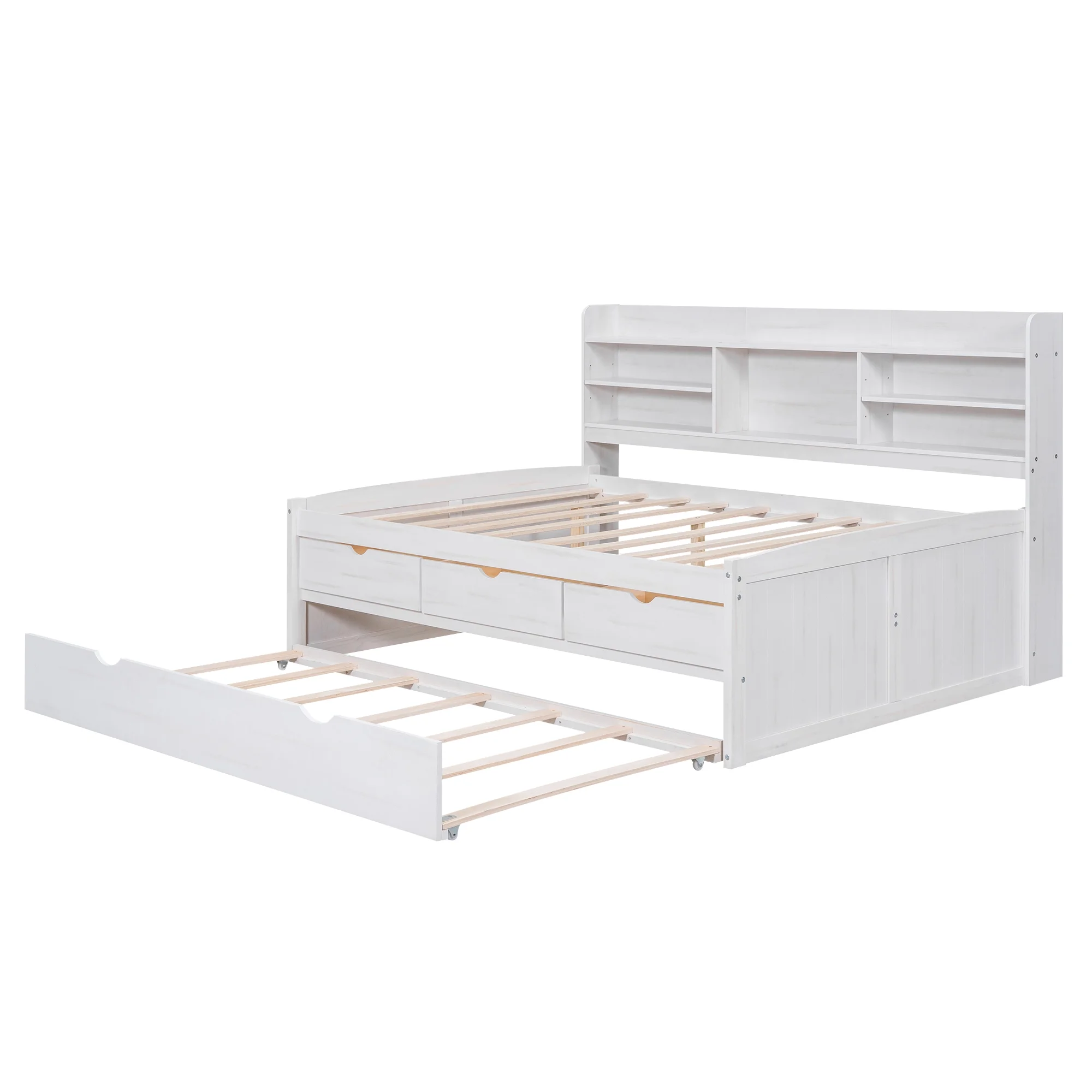 Euroco Wood Full Size Daybed with Shelf, Trundle and Drawers, Wood Captain Platform Bed with Staorage, 3 Drawers and Trundle, White - Image 8