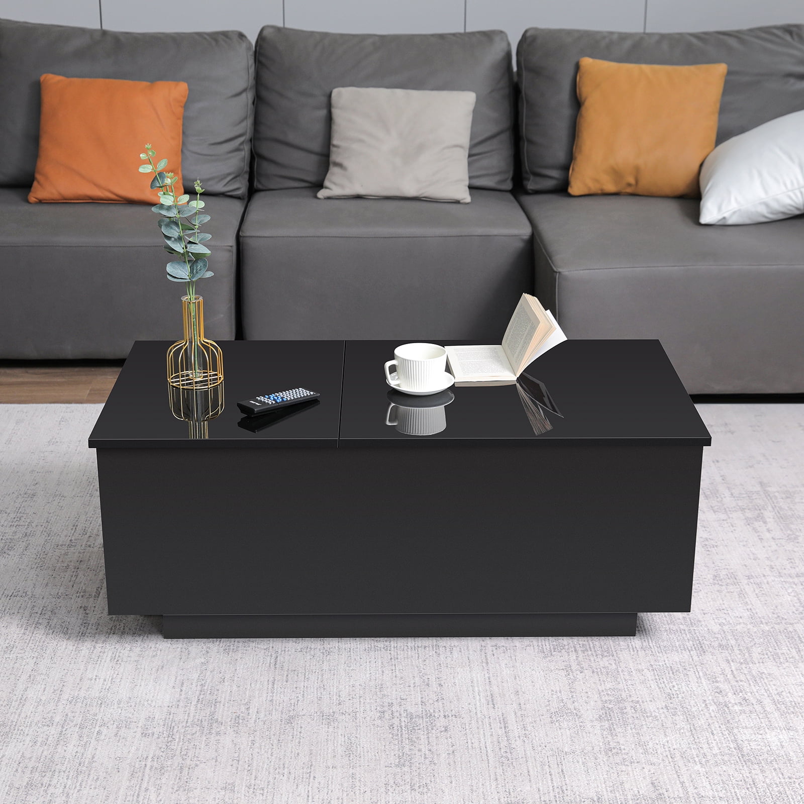 LED Coffee Table with Lift Top & Charging Station Small Dining Table with Hidden Compartment for Living Room - Image 7