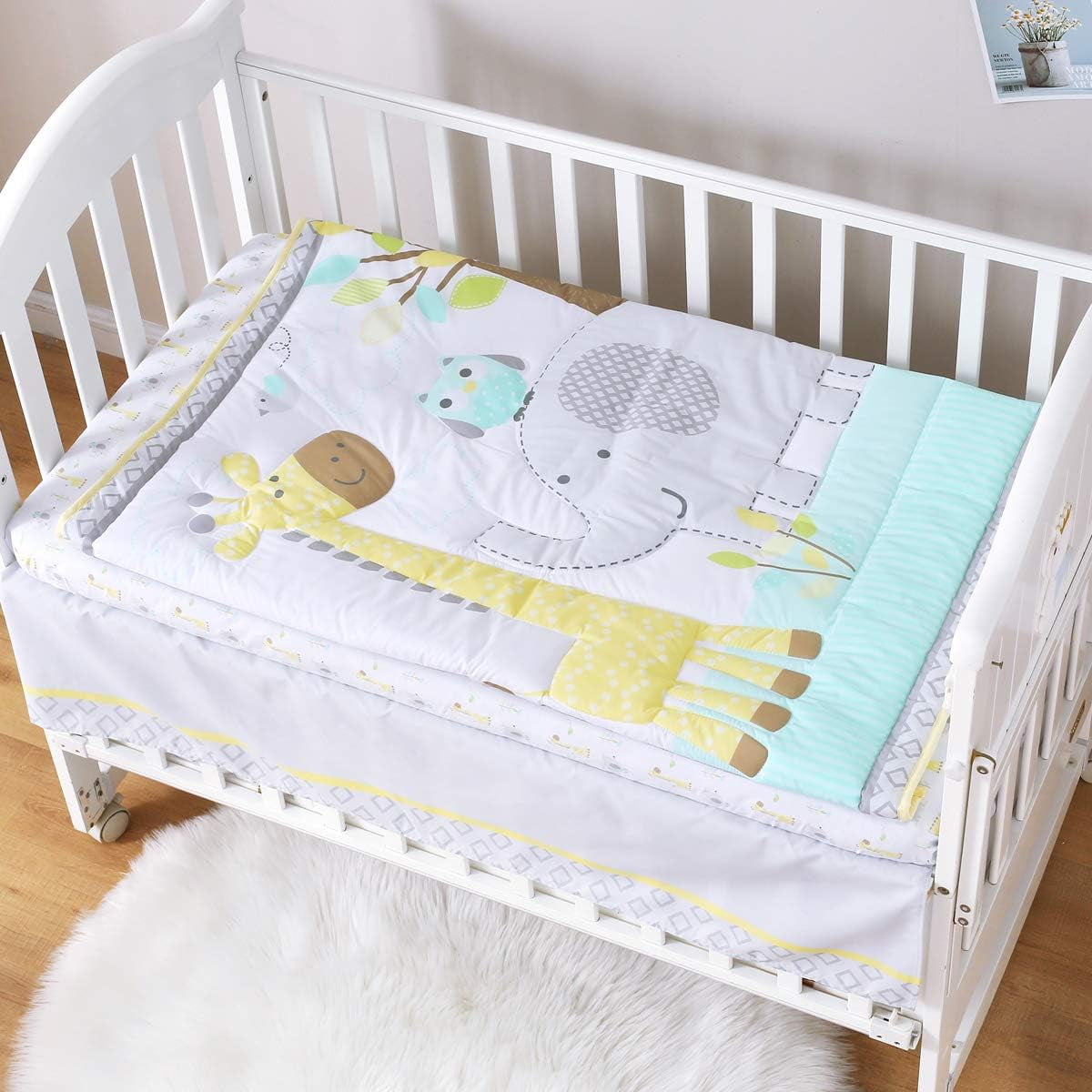 Sweet Baba Crib Bedding Set for boy Girl, 3-Piece Organic Cotton Baby Bedding Set, Portable Standard Crib Bedding Set Neutral, Woodland Deer Elephant Crib Bedding Set, Yellow/Grey/Teal - Image 4
