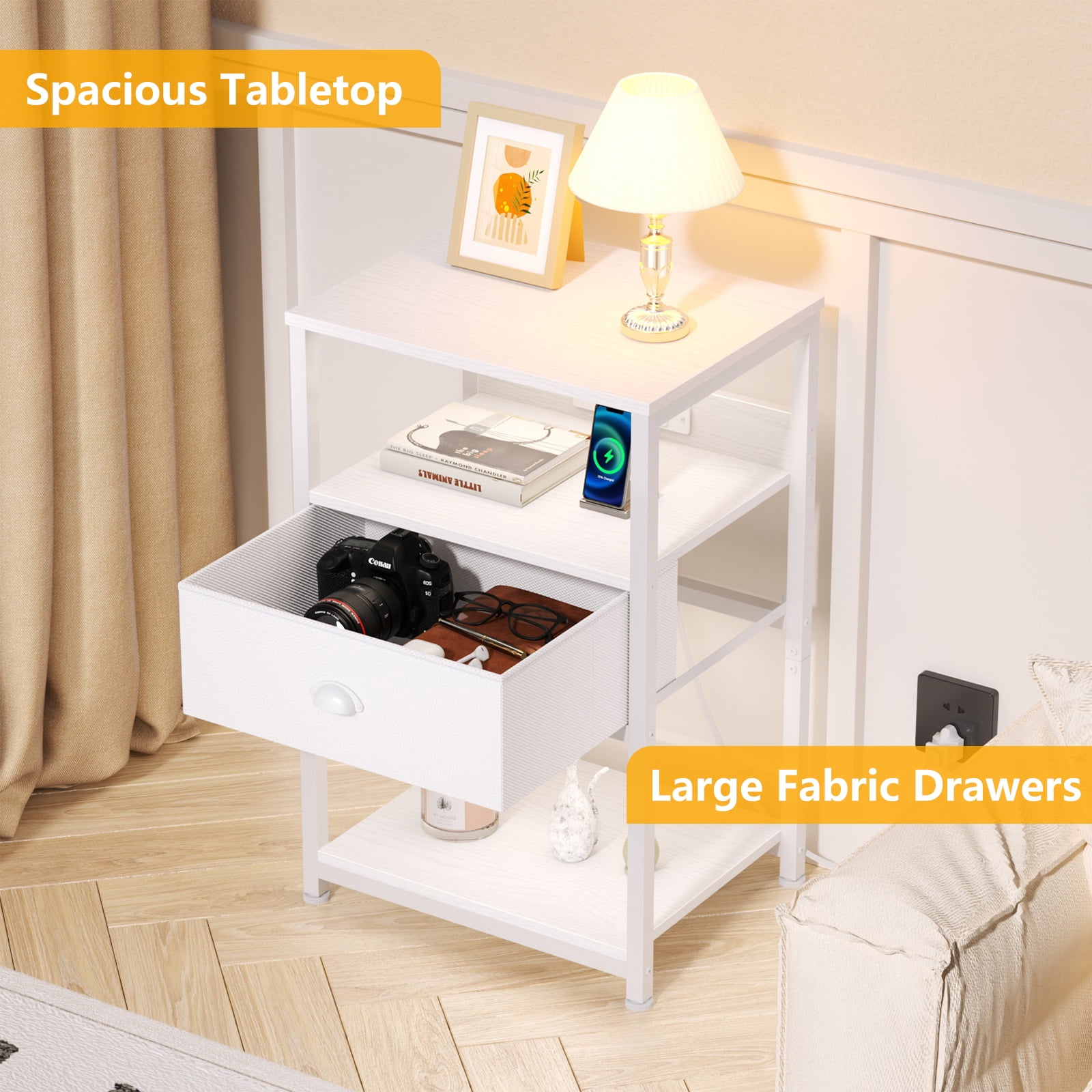 Furologee LED Nightstand with Charging Station for Living Room, Bedside Table with USB Ports & Outlets, White - Image 5