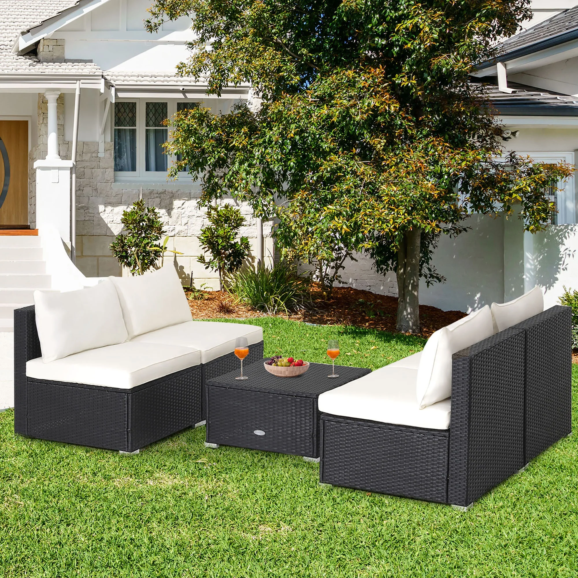Gymax 5PCS Patio Outdoor Rattan Sofa Conversation Set w/ Seat & Back Cushions Off White - Image 3
