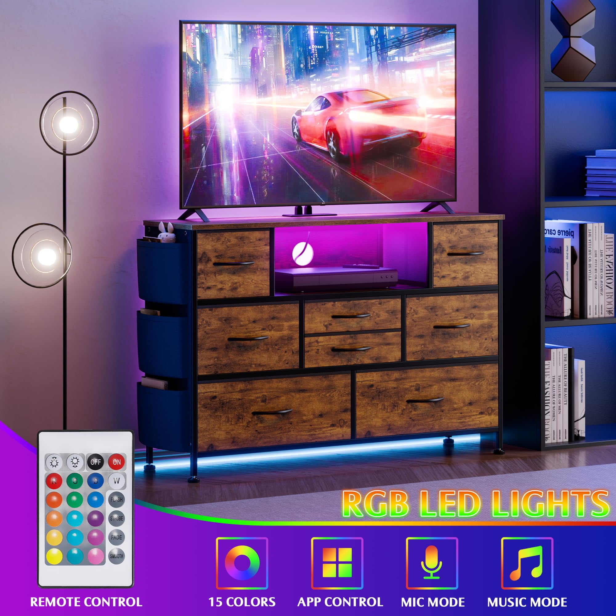 GIKPAL Dressers for Bedroom, 8 Drawer Dresser with LED Lights, Chest of Drawers with Side Pockets & Power Outlet Ports, Storage Drawers Nightstand, Bedroom Furniture Brown - Image 4