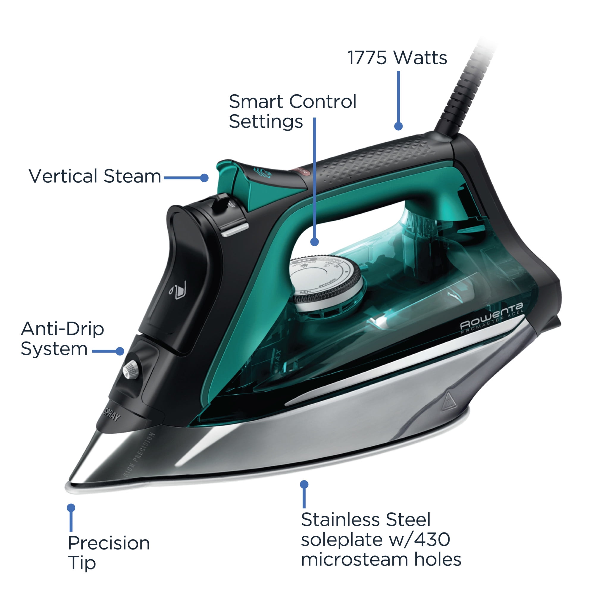 Rowenta Pro Master Iron for Clothes, Stainless Steel Soleplate, 400 Microsteam Holes, 1775 Watts, Black & Green DW8360 - Image 6
