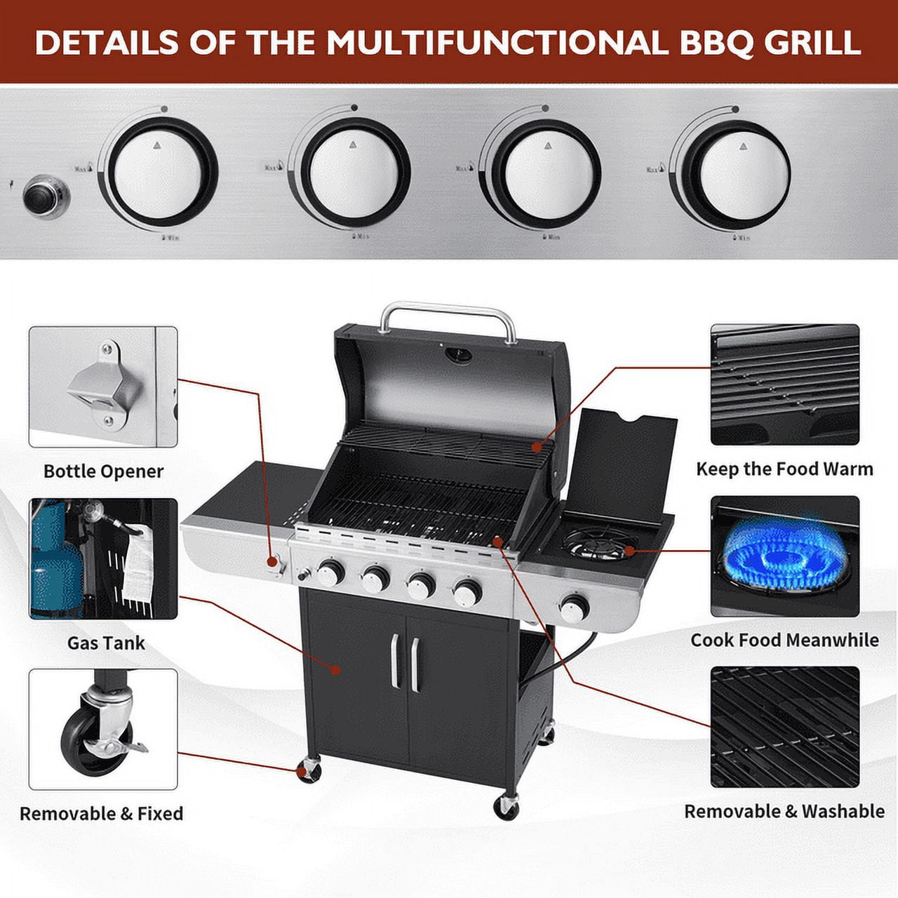 Hommow 4 Burner BBQ Propane Gas Grill,36000 BTU Stainless Steel with Stove and Side Table - Image 3