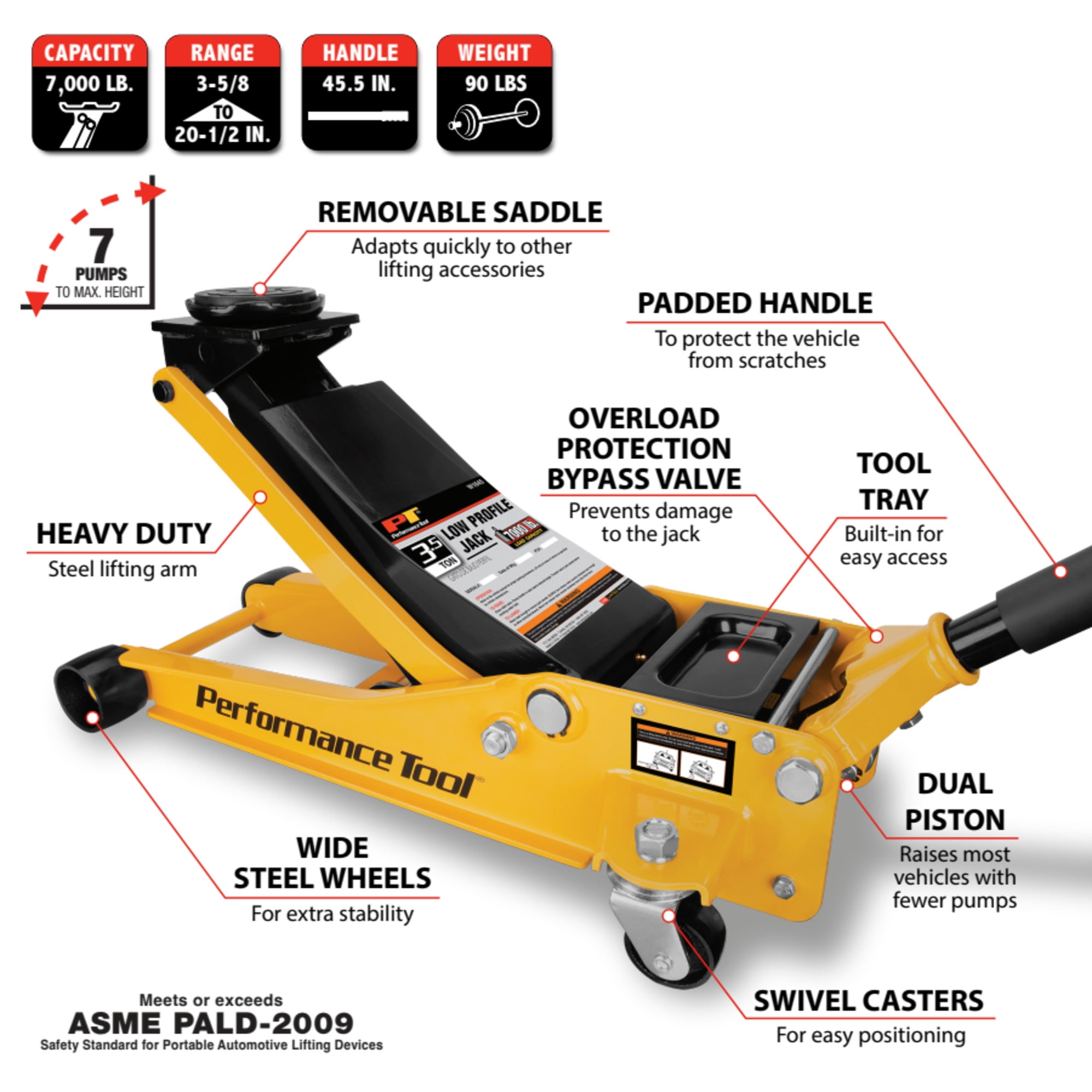 Performance Tool W1645 Professional Low-Profile Swiveling Floor Jack, 3.5-Ton Capacity, Lift Range 3-1/2-Inch to 20-1/2-Inch - Image 6