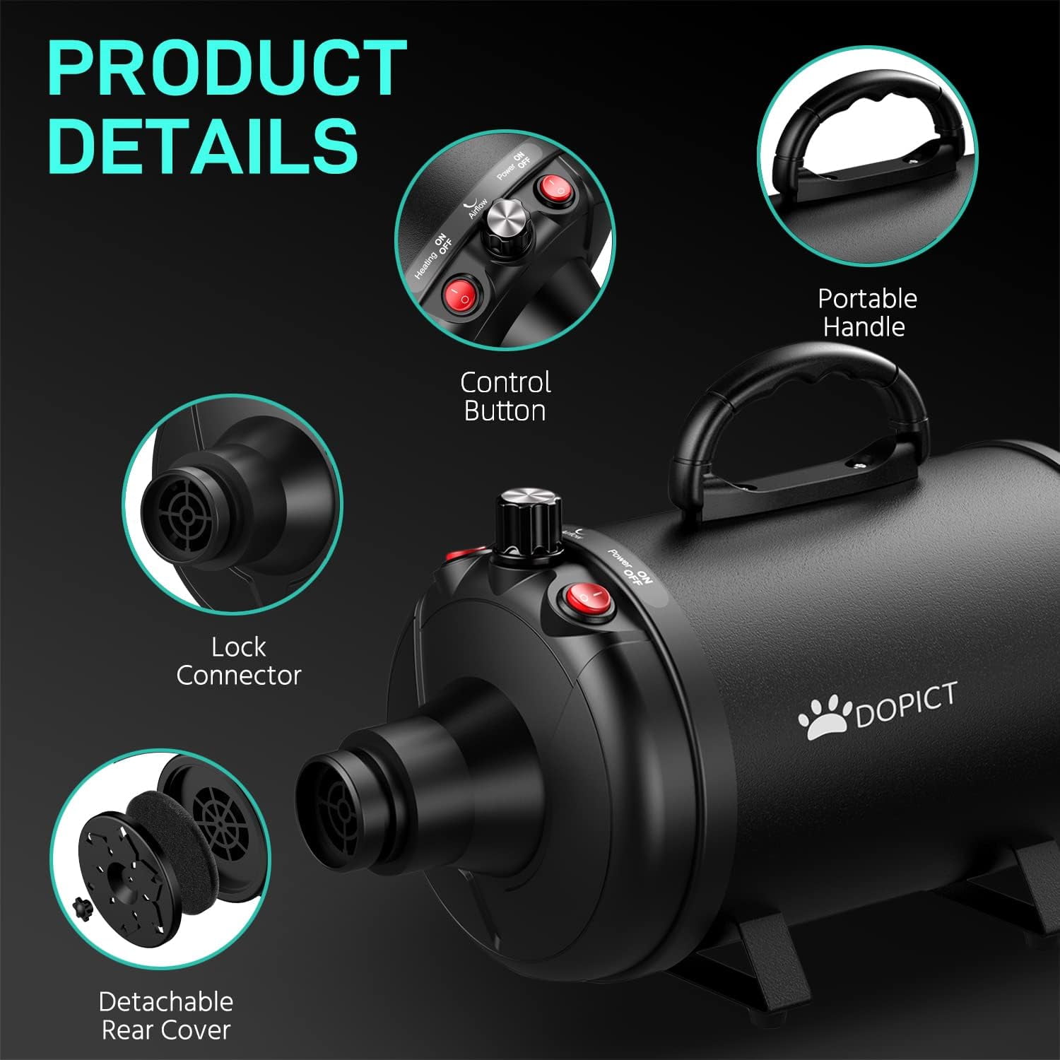 Dog Dryer, 4.3HP/ 3200W High Velocity Dog Hair Dryer for Pet Grooming, Dog Blow Dryer for Large Dogs, Adjustable Speed and Temperature Control with 4 Different Nozzles(Black) - Image 2