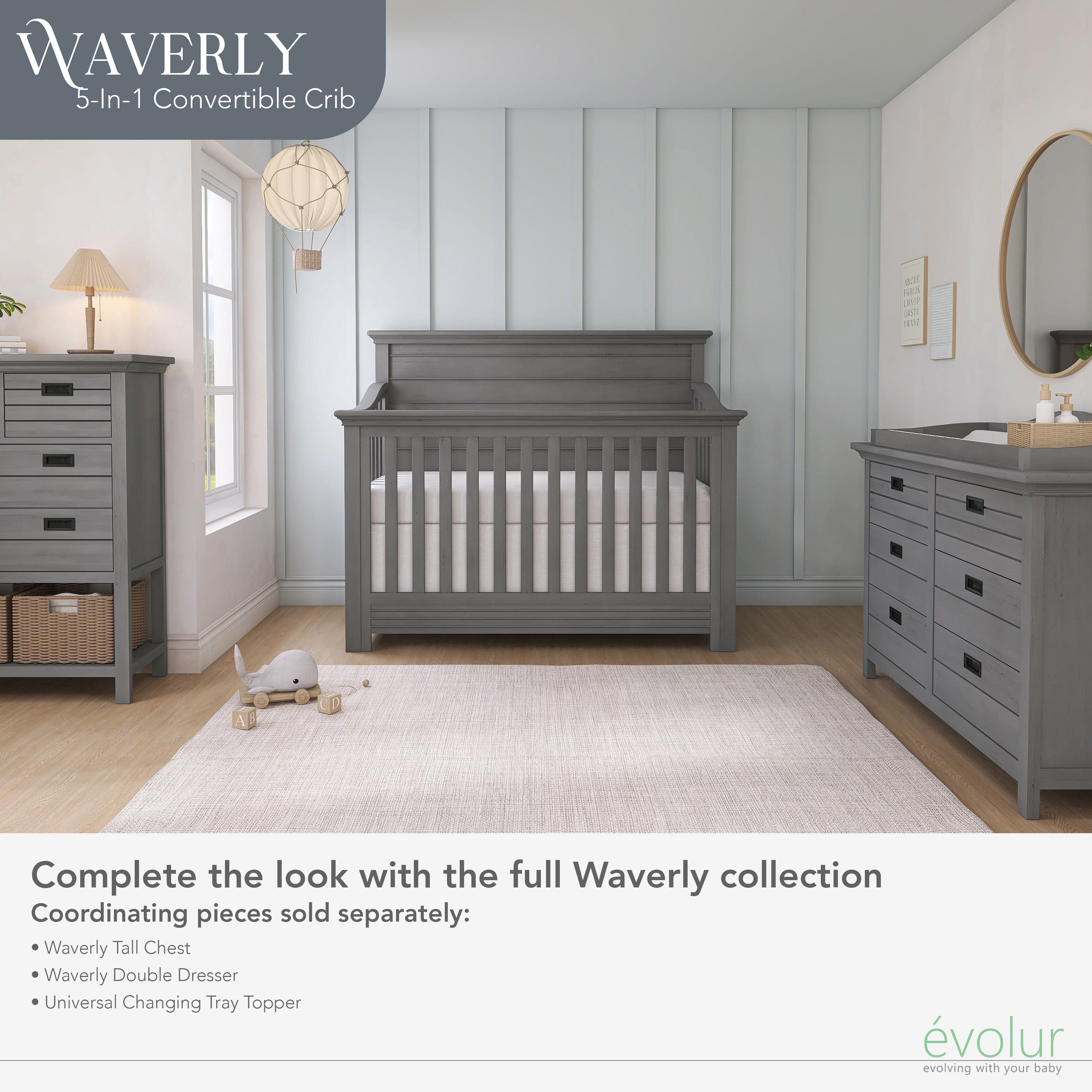 evolur Waverly 5-in-1 Full Panel Convertible Crib, Rustic Grey - Image 3
