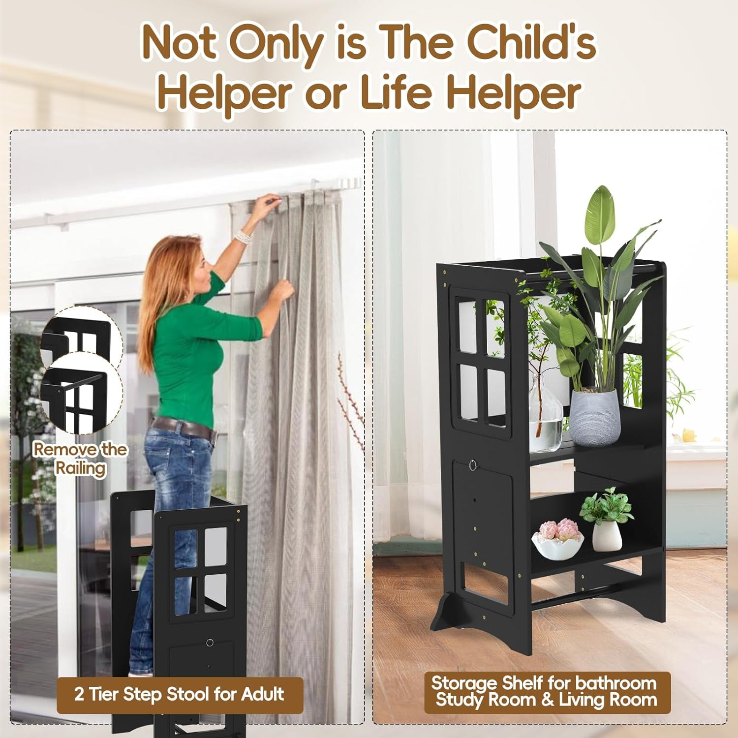 RETON Kitchen Step Stool with Non-Slip Mat, Whiteboard and Safety Rail,4 in 1 Wooden Toddler Standing Tower for Counter Bathroom Sink (Black) - Image 5