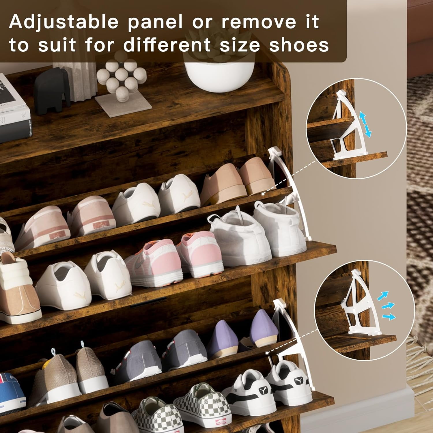 Vinform Farmhouse Shoe Storage Cabinet with 2 Flip Drawers for Entryway, Slim Wood Shoe Cabinet, Freestanding Narrow Shoe Rack Organizer with Metal Legs for Hallway Living Room (Rustic Brown) - Image 6