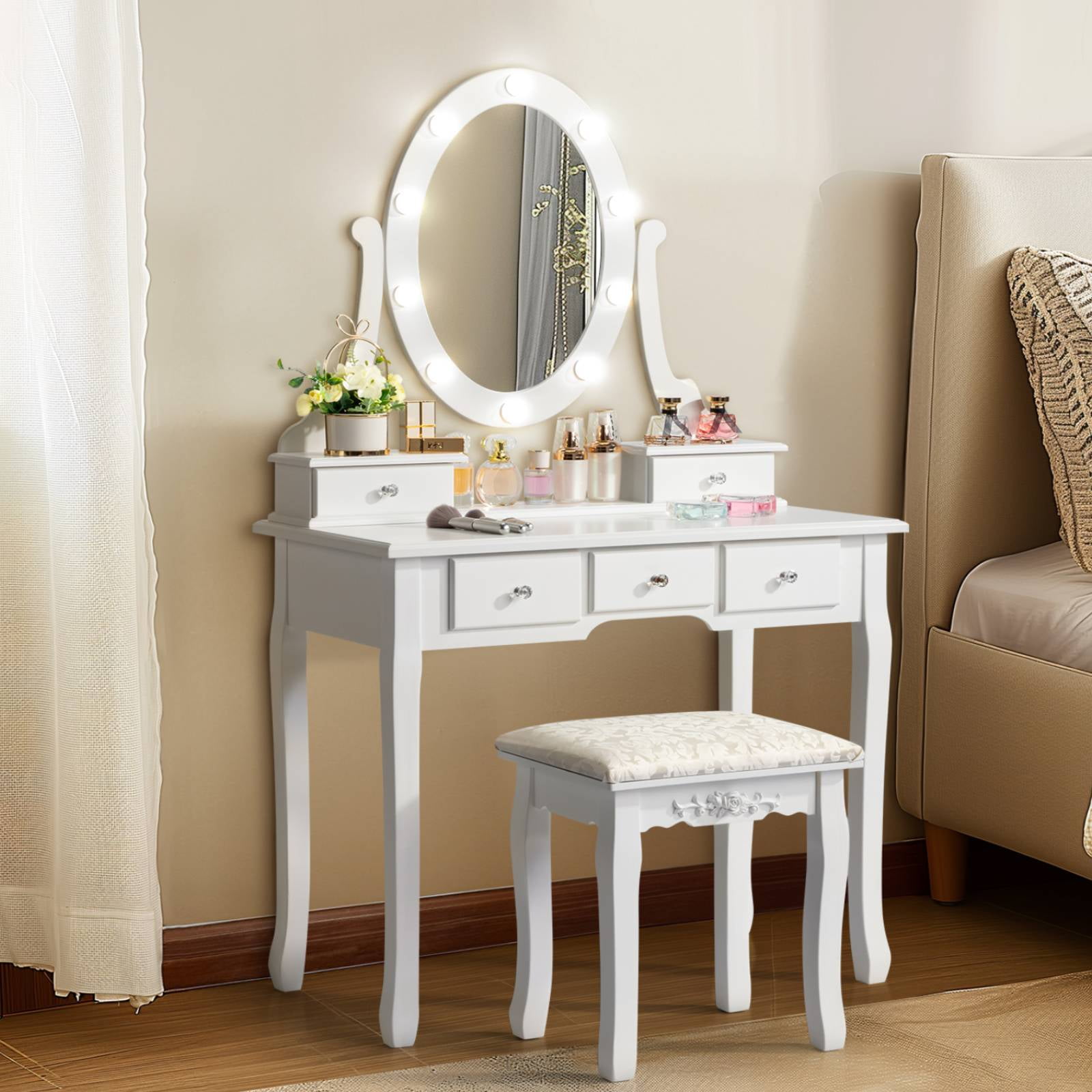 Ktaxon Vanity Table 10 LED Lights, 5 Drawers Makeup Dressing Desk with Cushioned Stool Set,Bedroom Vanities Set White - Image 12