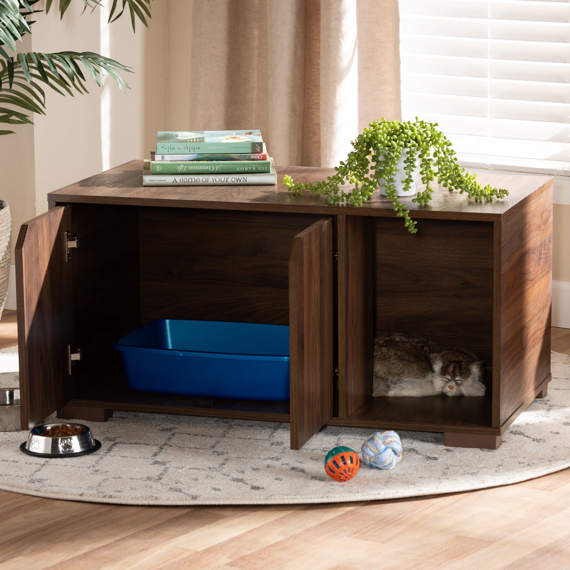 Baxton Studio Jasper Modern and Contemporary Walnut Brown Finished 2-Door Wood Cat Litter Box Cover House - Image 9