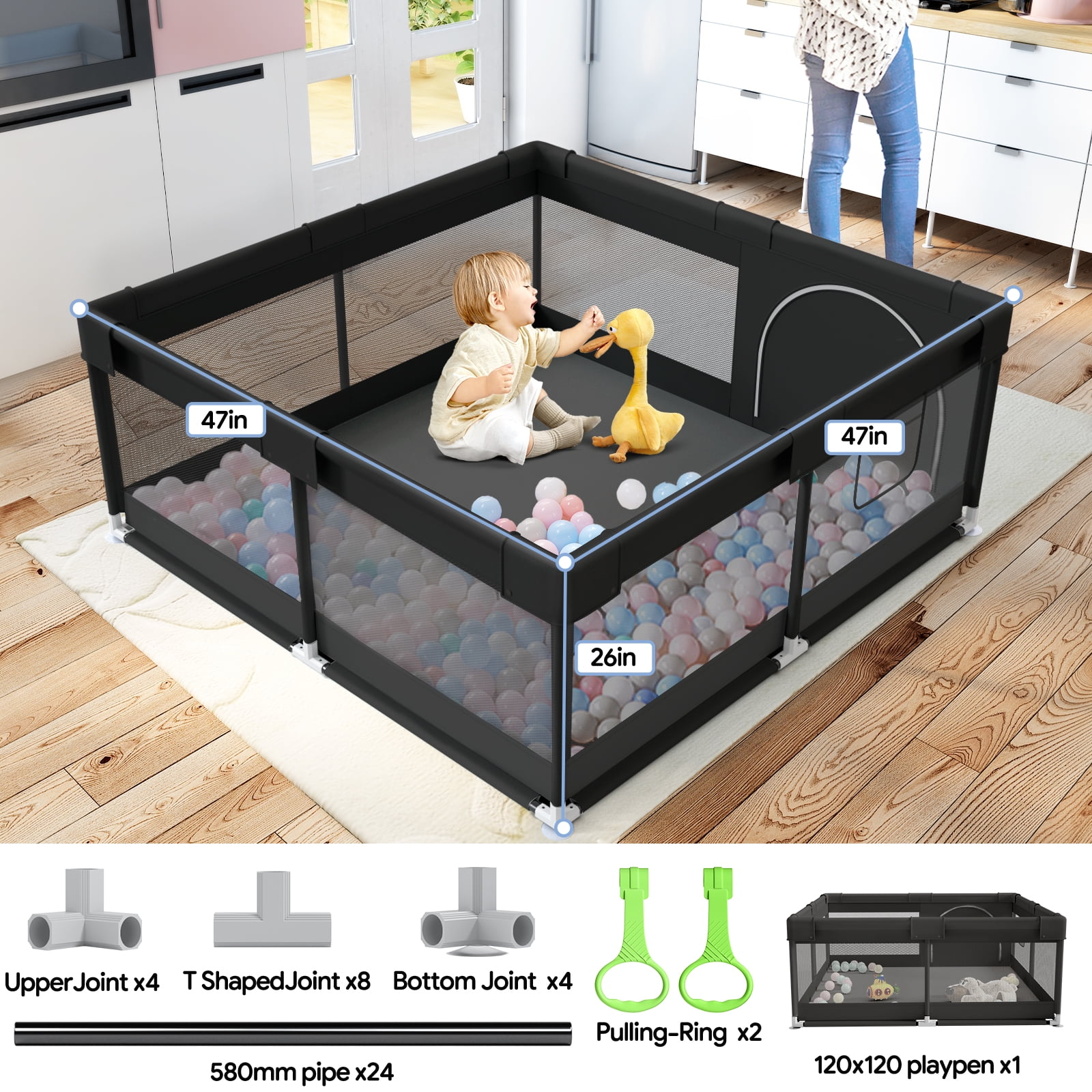 Pkinoicy Black Baby Playpen, 47"x47", Compact Play Area for Infants and Toddlers - Ideal for Apartments - Image 5