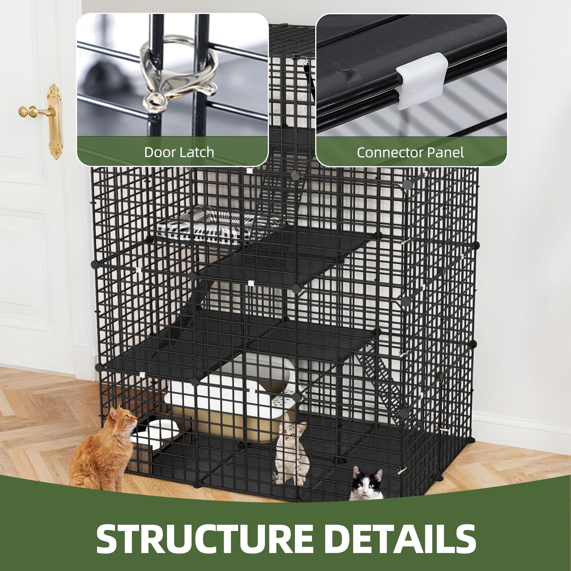 Uforic Large 4-Tier Cat Cage with Extra Large Hammock – Metal Playpen Cat Kennel for 1-3 Cats, Indoor DIY Cat Enclosure, Black, 41"L x 28"W x 55"H - Image 5