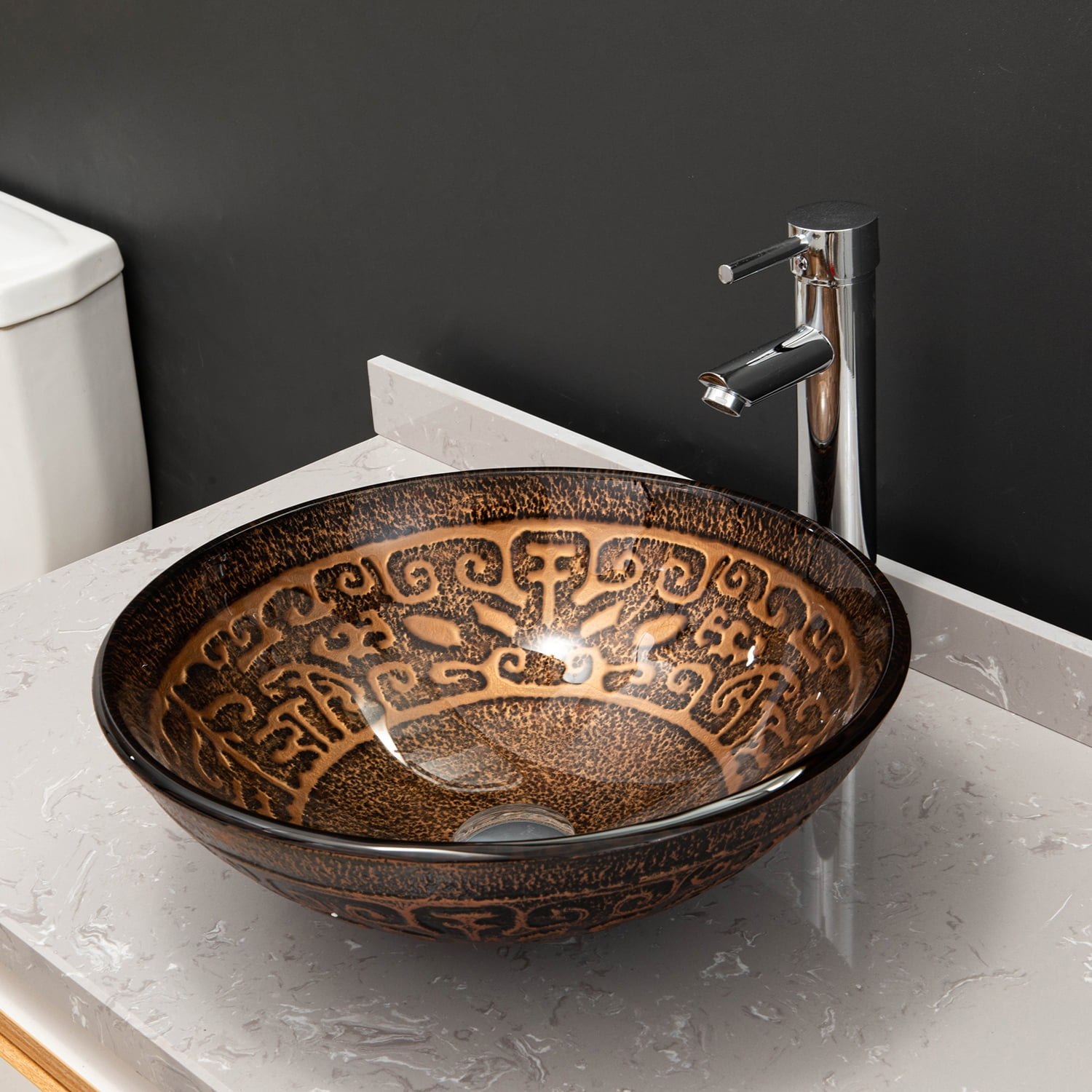 Vinnova Enna 16.5in Antique Bronze Finish Glass Round Over-Mounted Bathroom Vanity Vessel Sink Bowl - Image 8