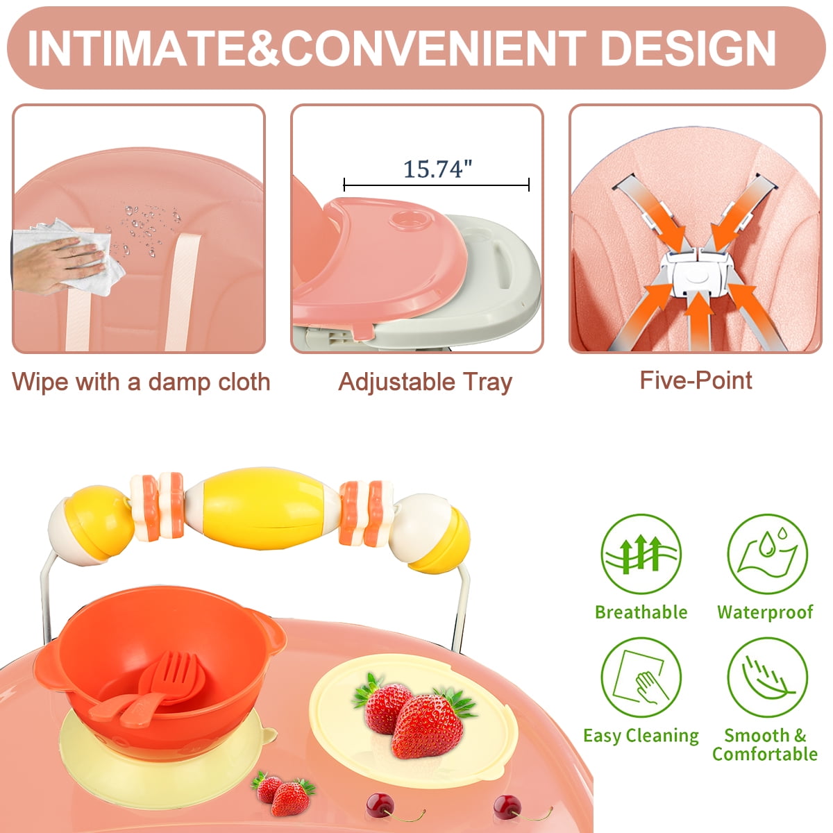 FACNOATIHN Baby High Chair, 4-in-1 Foldable Highchair Dining Feeding Chair with Five-Point Harness Double Dining Plate & Toy Rack, Infant to Toddler, Pink - Image 2