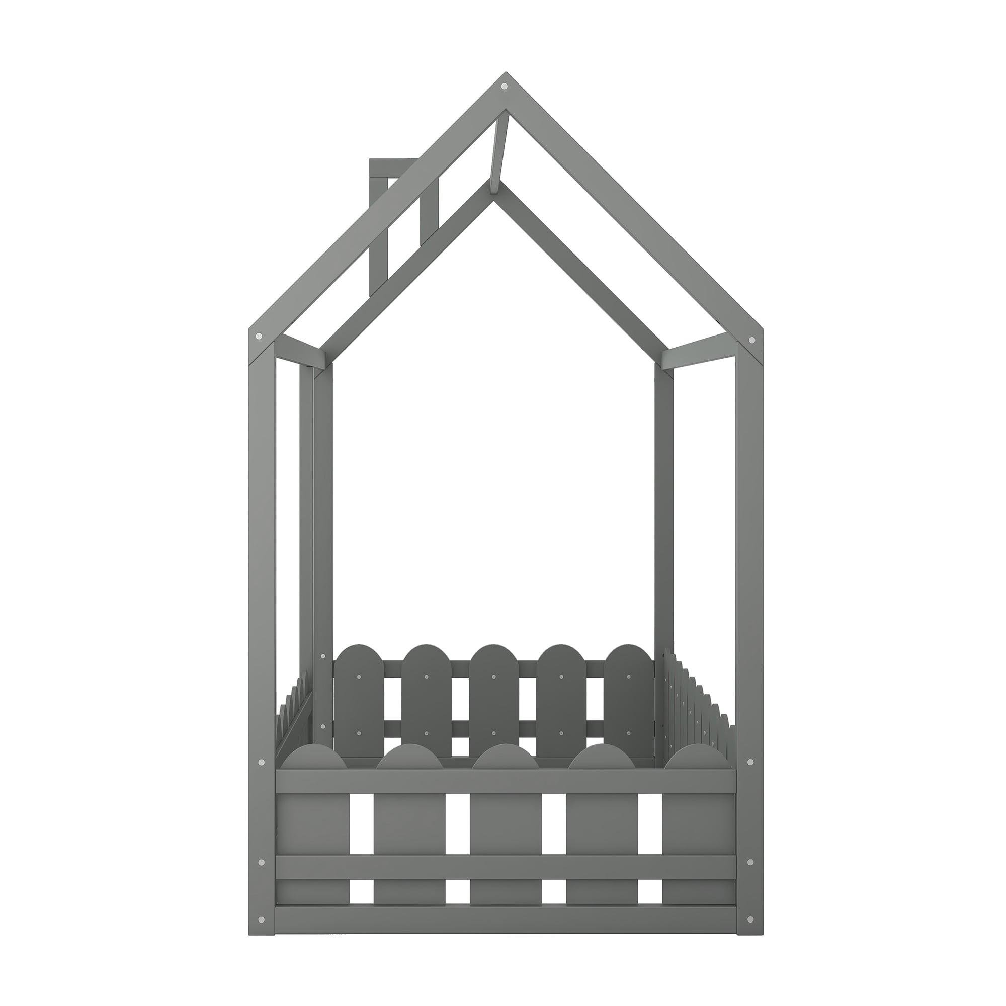 Aukfa House Bed for Kids, Wood Bed Frame with Roof and Fence, Twin Bed, Gray - Image 2