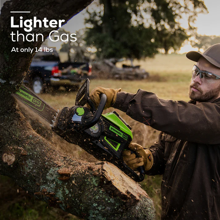 Greenworks 60V 18 Cordless Chainsaw, 4.0Ah Battery and Charger Included","features":"Anti-Vibration","Automatic Chain Oiler","Bumper Spikes","Chain Brake","Chain Catcher","Tool-less Chain Tensioning" - Image 3