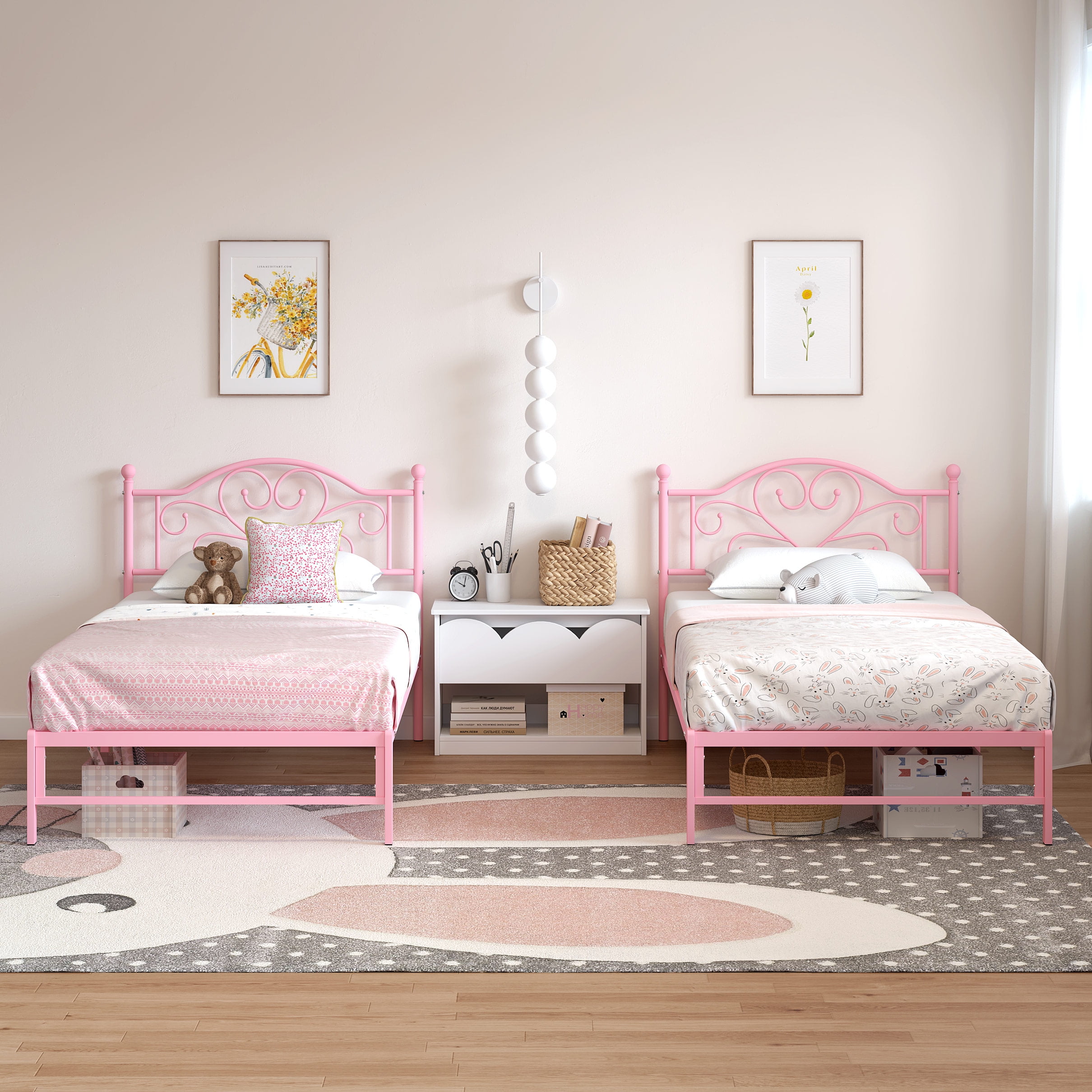 Yoneston Twin Metal Platform Bed Frame with Victorian Style Flower Heart Headboard, Heavy Duty Steel Slat Mattress Foundation for Kids Boys Girls, Pink - Image 2