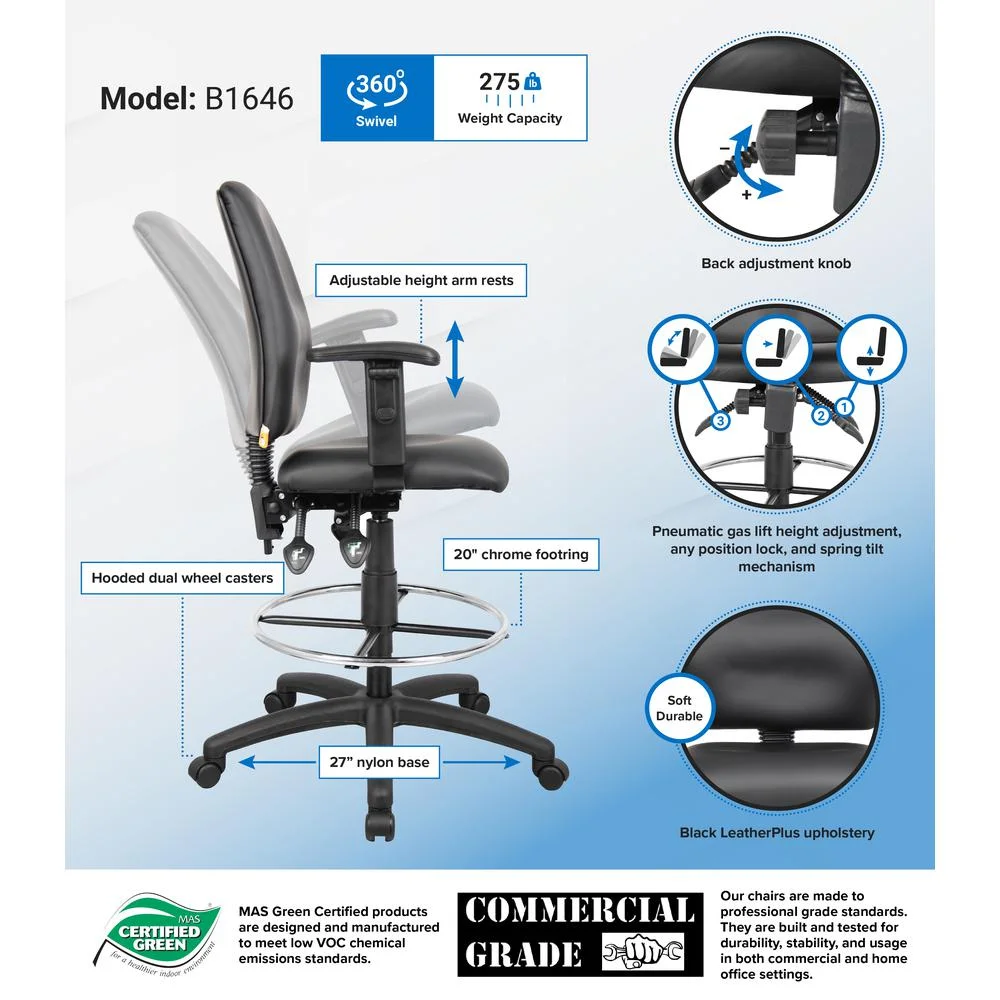 Boss Office Products Multi Function Leather Drafting Stool with Adjustable Arms - Image 2