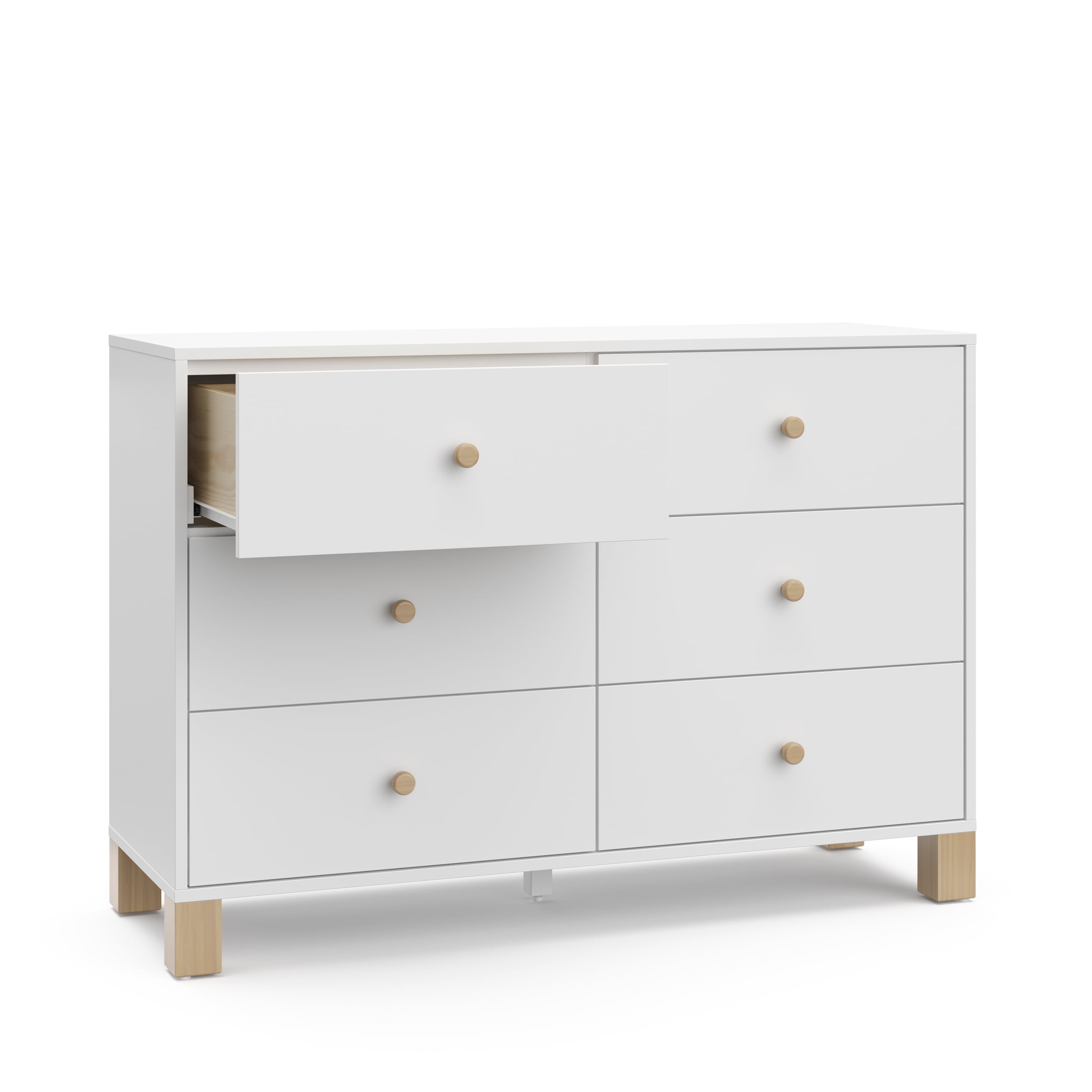 Storkcraft California 6 Drawer Nursery Wood Double Dresser, White with Driftwood - Image 5