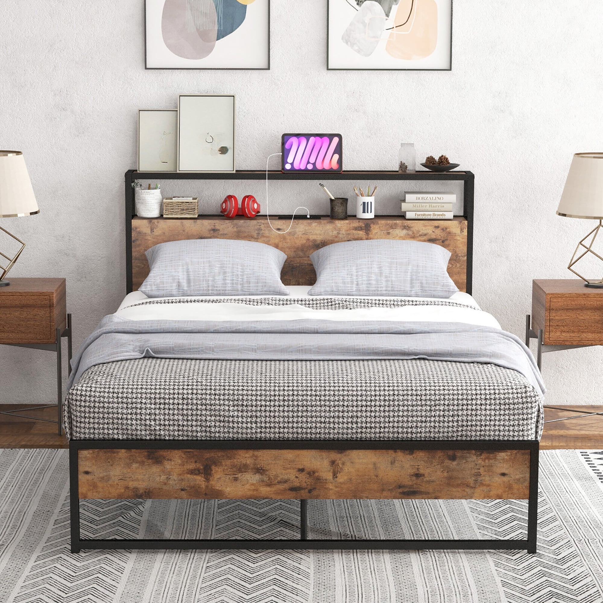Gymax Full Size Industrial Platform Bed Frame with Charging Station Storage Headboard - Image 2