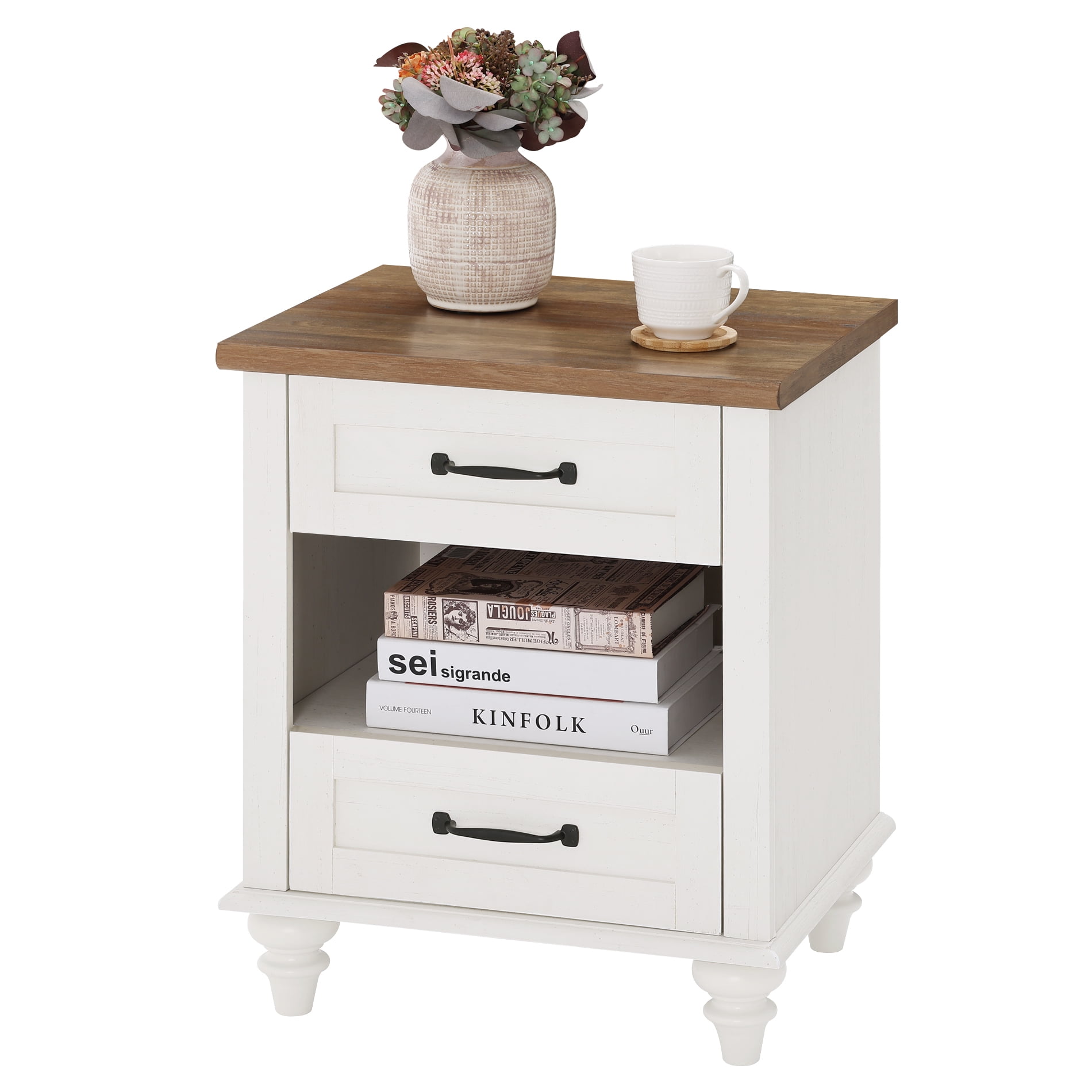 Nightstand, Bedside Table with Charging Station, End Table with 2 Drawer, Open Shelf, Modern Style for Bedroom, Living Room, White and Oak - Image 3