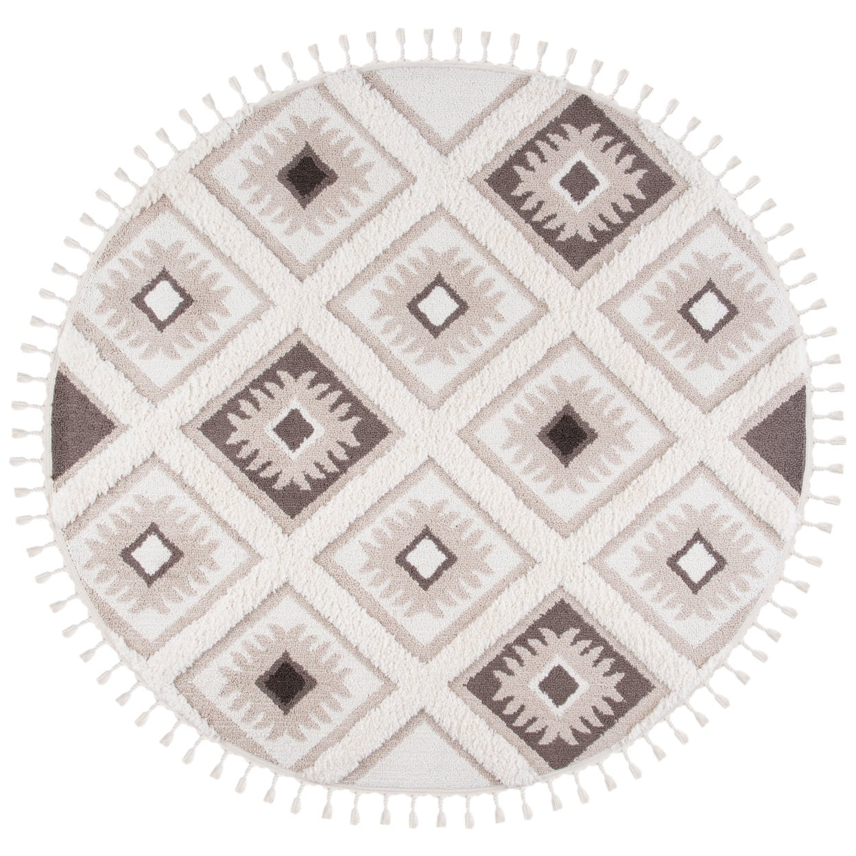 SAFAVIEH Moroccan Tassel Shag Elsie Moroccan Geometric Area Rug, Ivory/Brown, 5'3" x 7'6" - Image 3