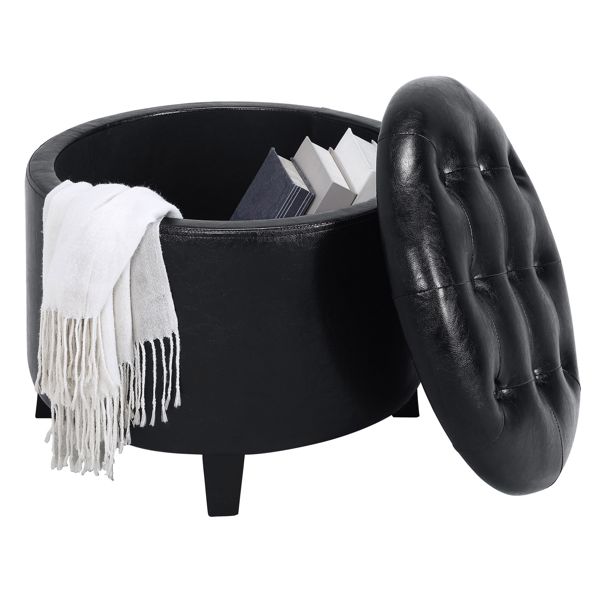 Convenience Concepts Designs4Comfort Round Storage Ottoman, Black Faux Leather - Image 2