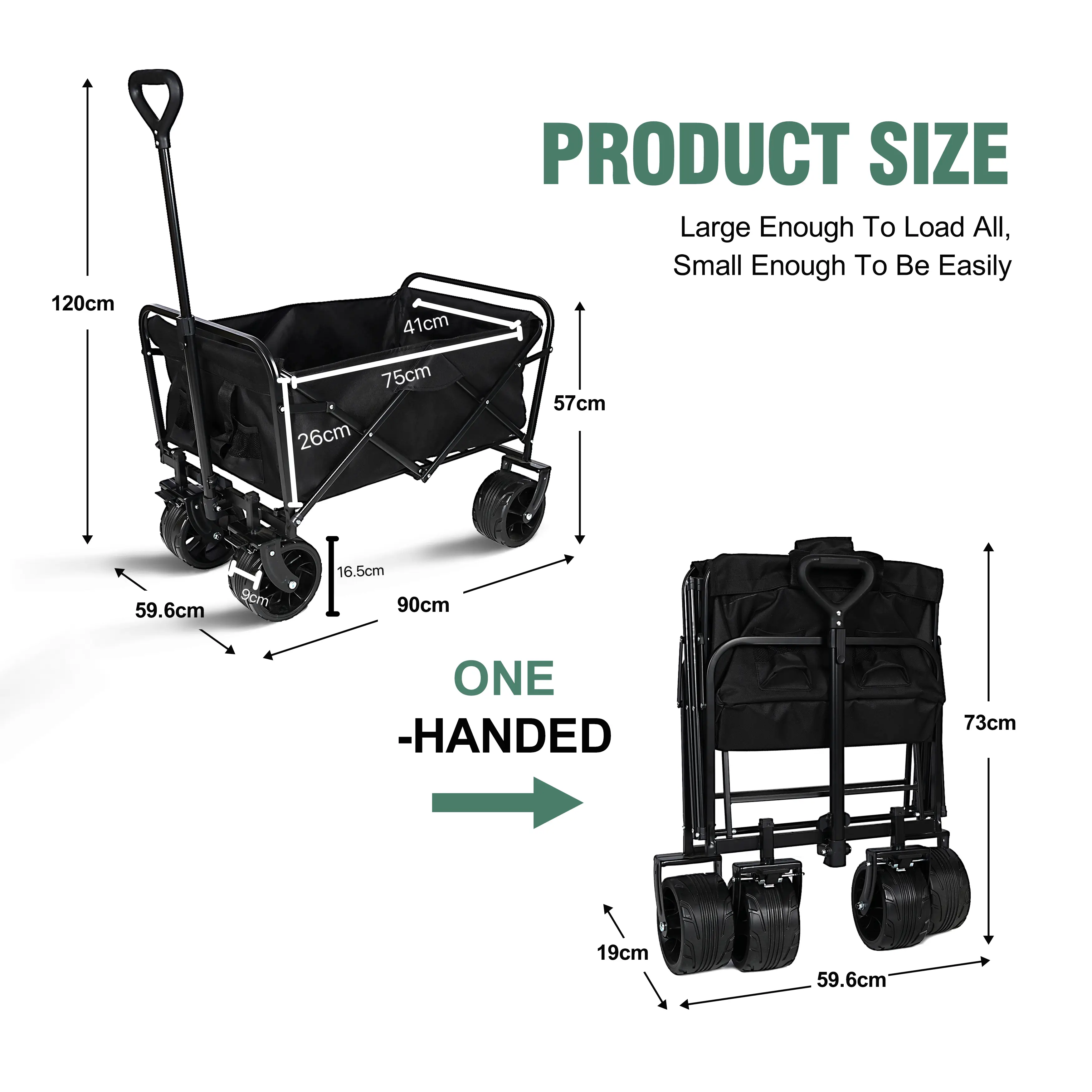 ENYOPRO 440LBS Collapsible Wagon Cart, Heavy Duty Foldable Beach Wagon for Sand w/ Big Wheels, Portable Folding Utility 600D Oxford Cloth Cart with Cup Holder, Extra Pocket, Black - Image 9