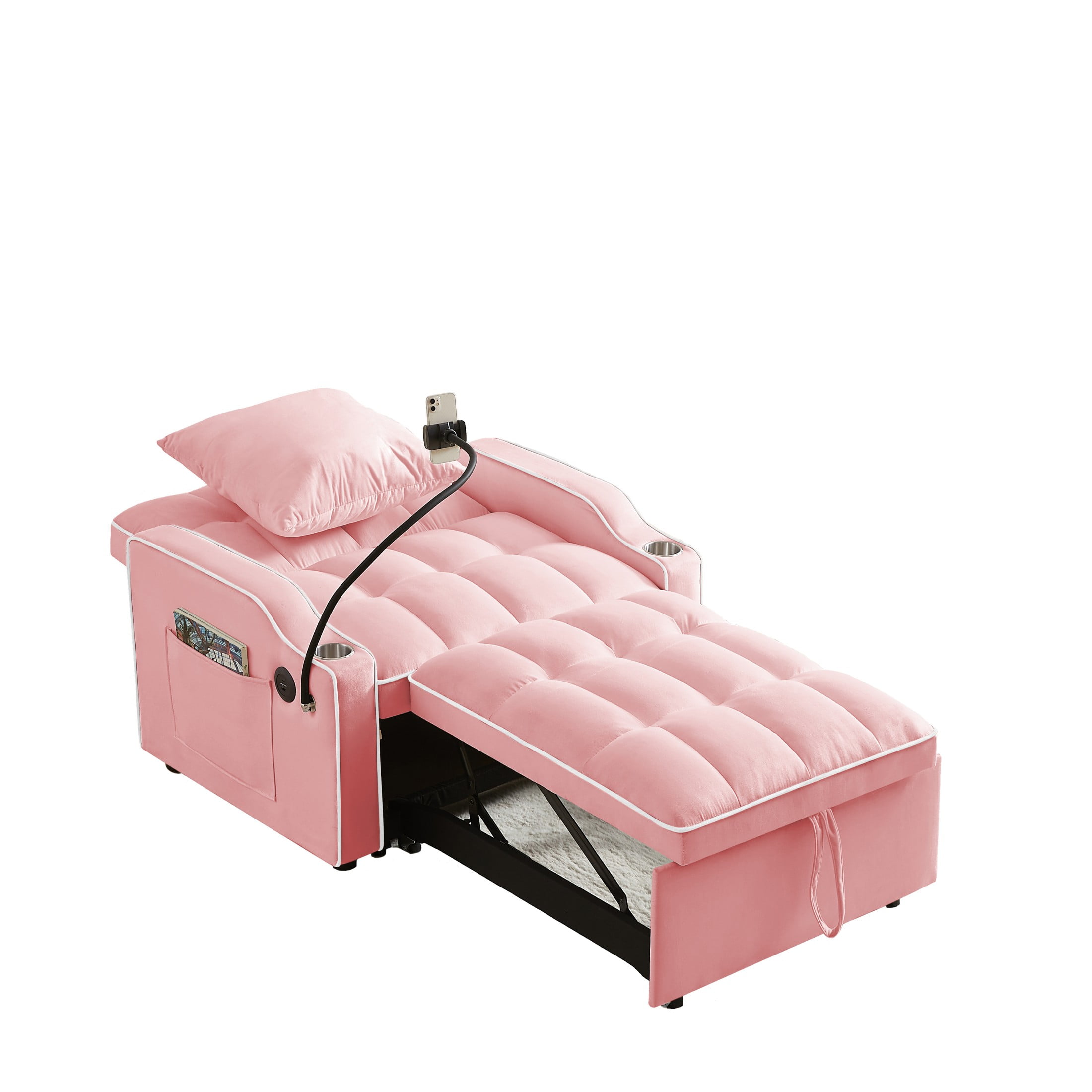 Aukfa Convertible Sleeper Chair Bed with USB Port, Cup Holder and Swivel Phone Holder, Pull Out Sofa Chair for Living Room/Bedroom/Small Space, Pink - Image 3