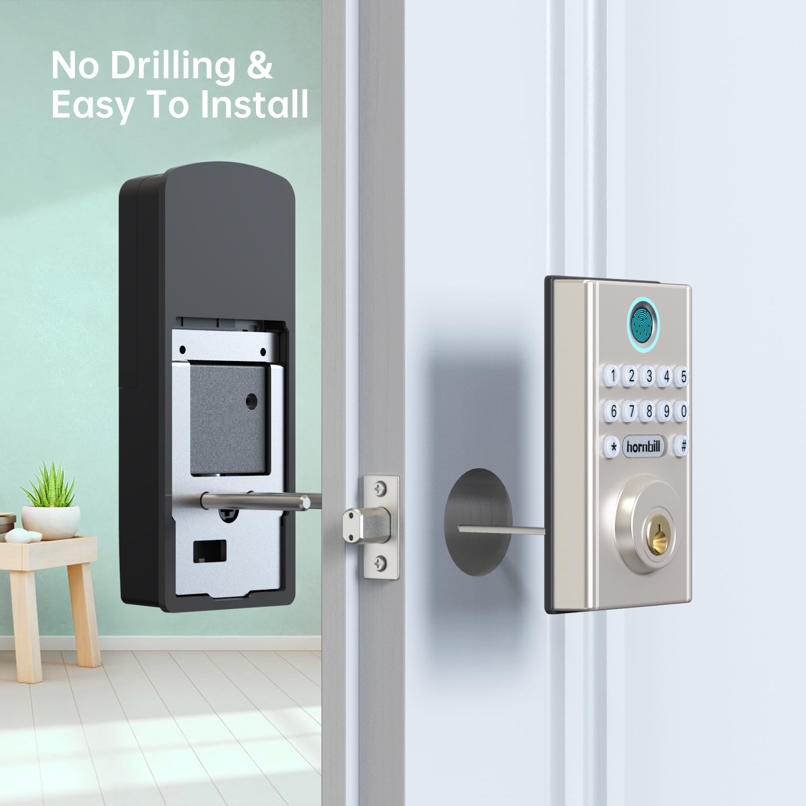 Hornbill Electronic Digital Keypad Lock, Fingerprint Front Door Lock, Keyless Entry Deadbolt Lock, Keypad Deadbolt Auto Lock, Easy to Install No Need to Drill, Suitable for Home Office Apartment - Image 2