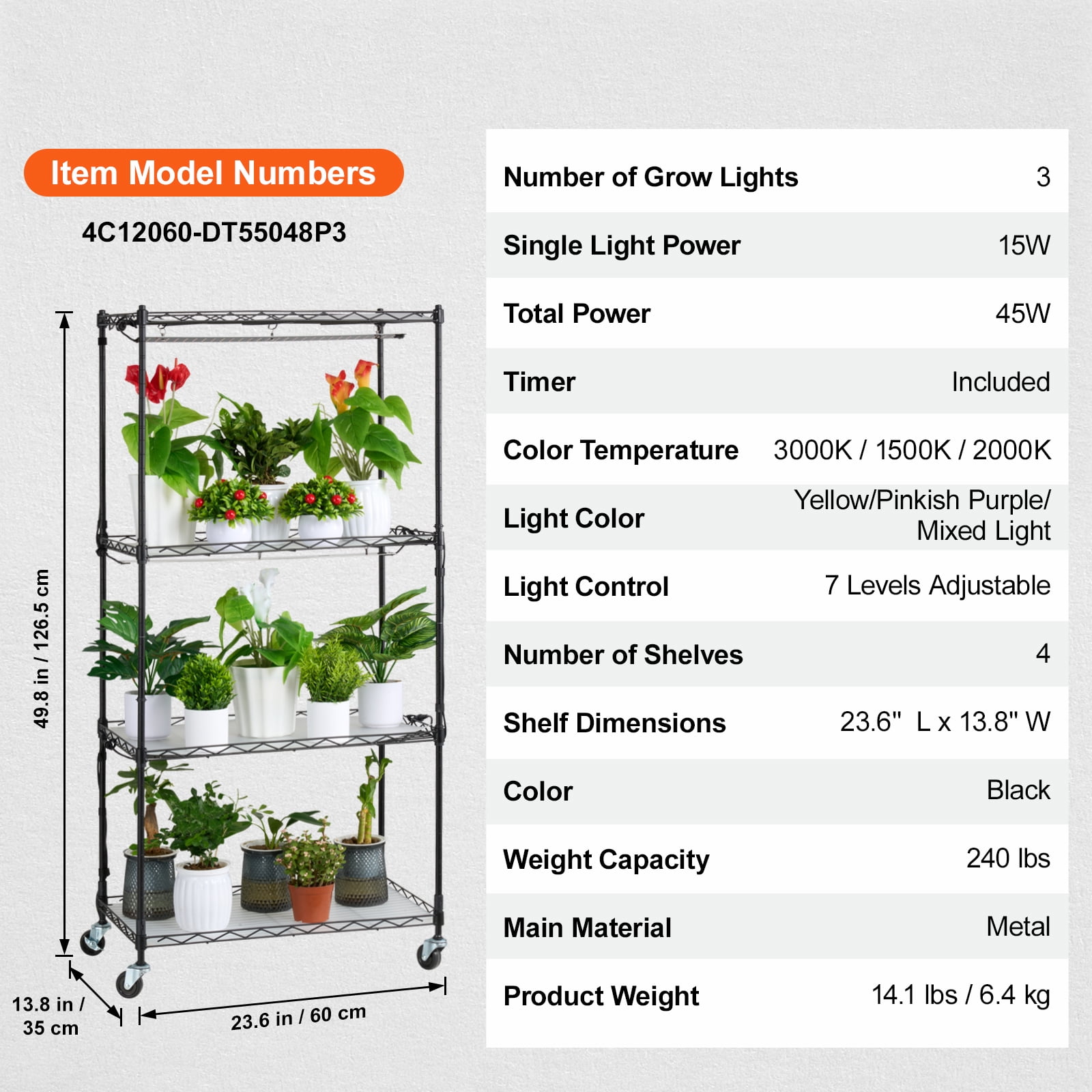 KFFKFF Metal Plant Rack with Integrated 45W Lighting, 4-Level, Adjustable 3 Spectrum Modes, Includes Timer, Ideal for Seed Germination, Measures 23.6" L x 13.8" W x 49.8" H - Image 8