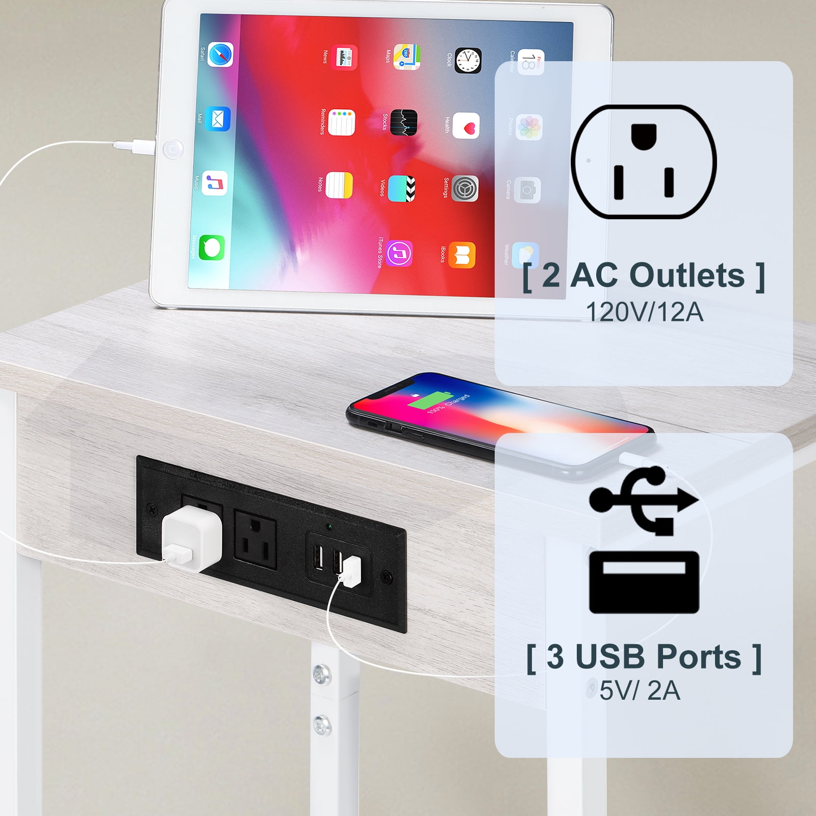 Oumilen Adult Nightstand End Table with Charging Station White, Set of 2 - Image 2