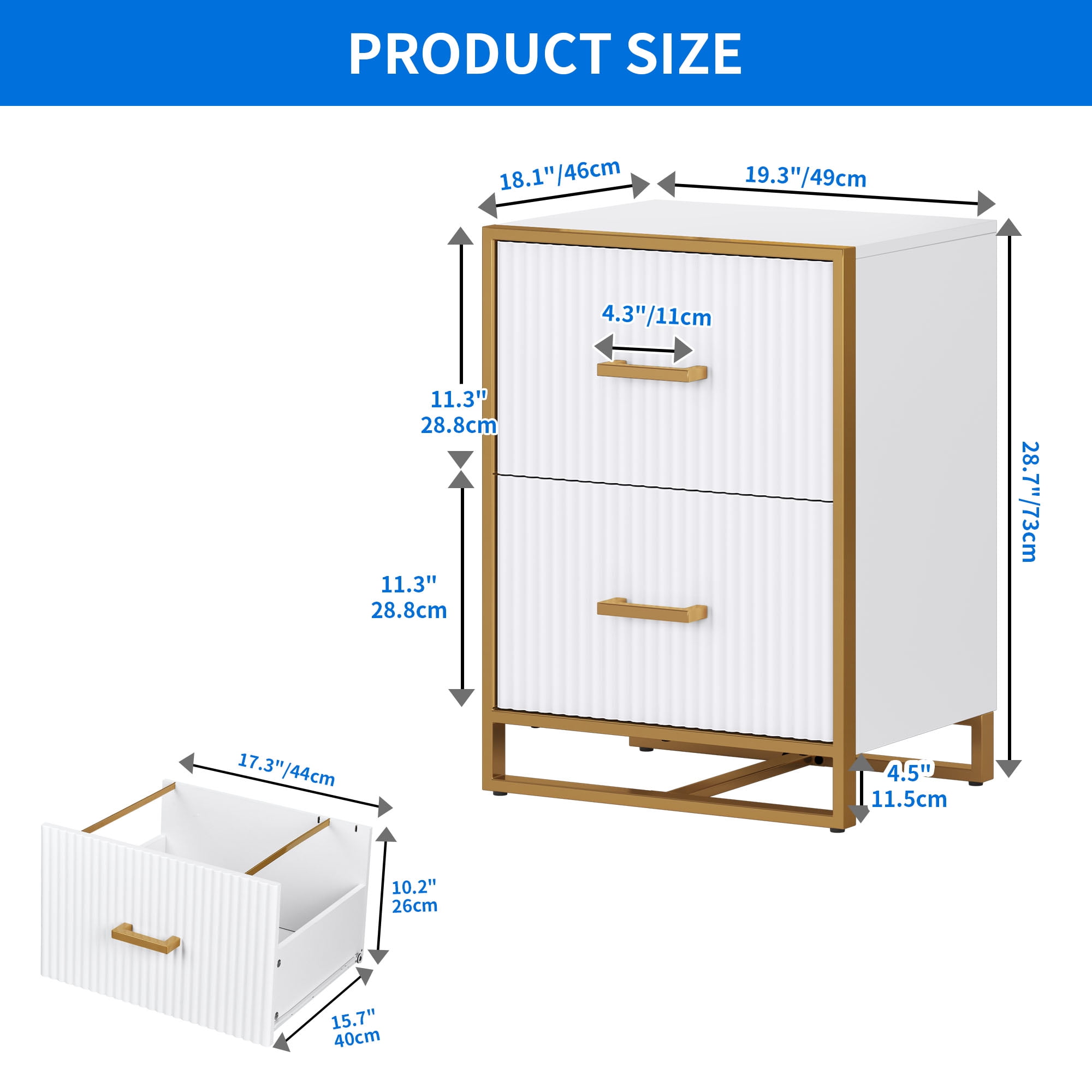 Dextrus 2 Drawer File Cabinet with Metal Legs , Wood Lateral Filing Cabinet Printer Stand Fits A4 Letter Legal Size Files for Home Office, White & Gold - Image 6