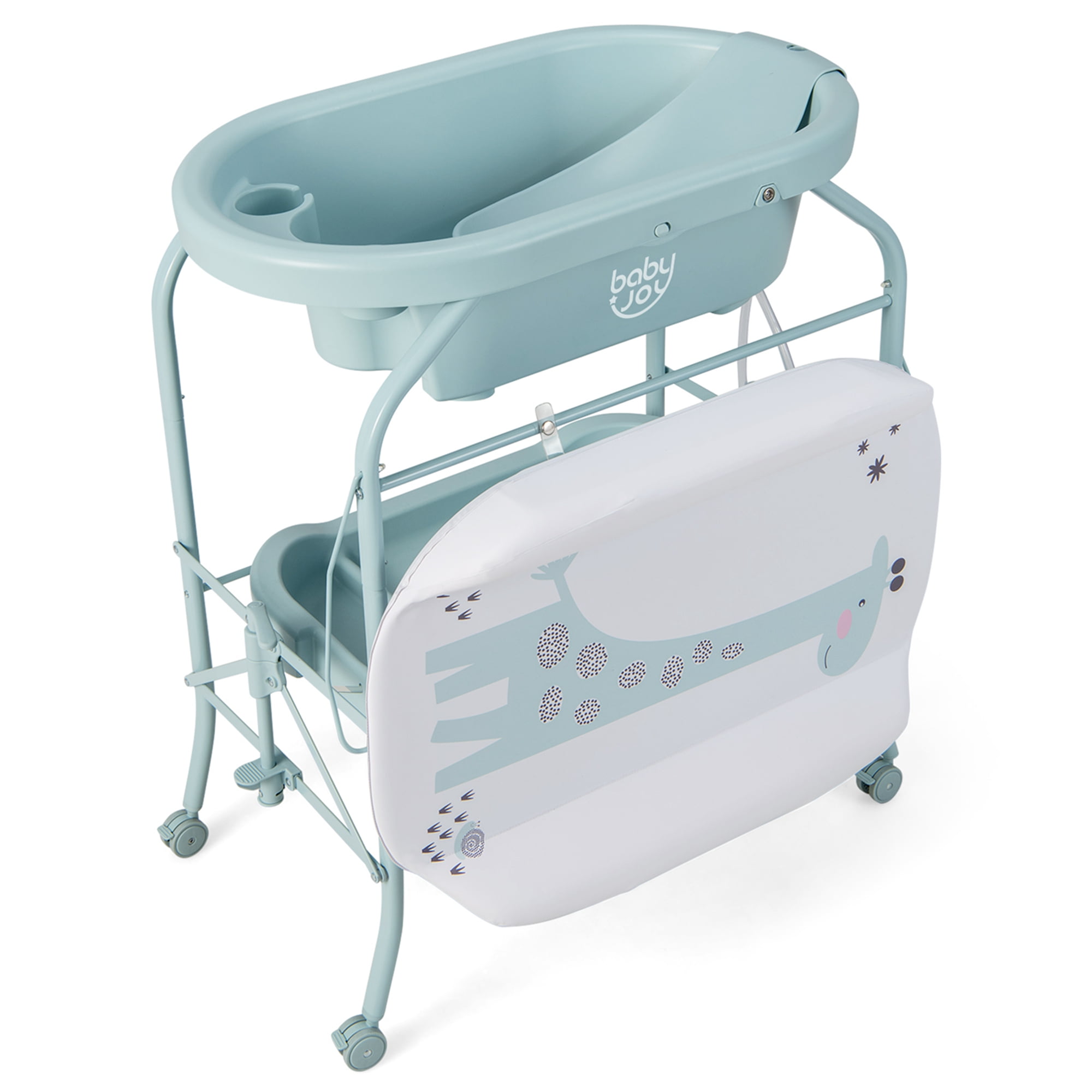 Babyjoy Changing Table with Bathtub Folding Portable Diaper Station Steel 0-12 Months PP Blue - Image 11