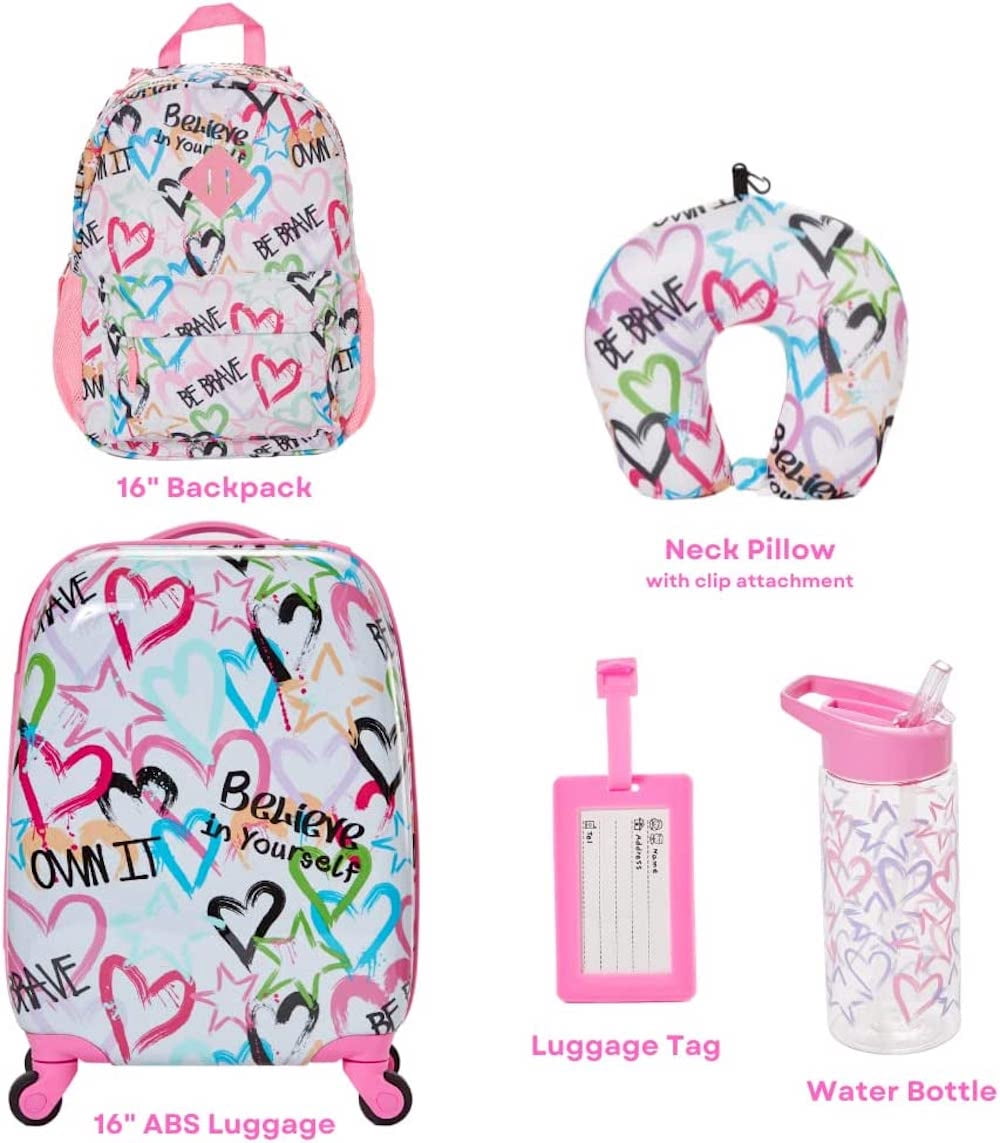Kids Luggage Girls Suitcase Set Backpack Neck Pillow Water Bottle and Luggage Tag 5 Pc - Image 3