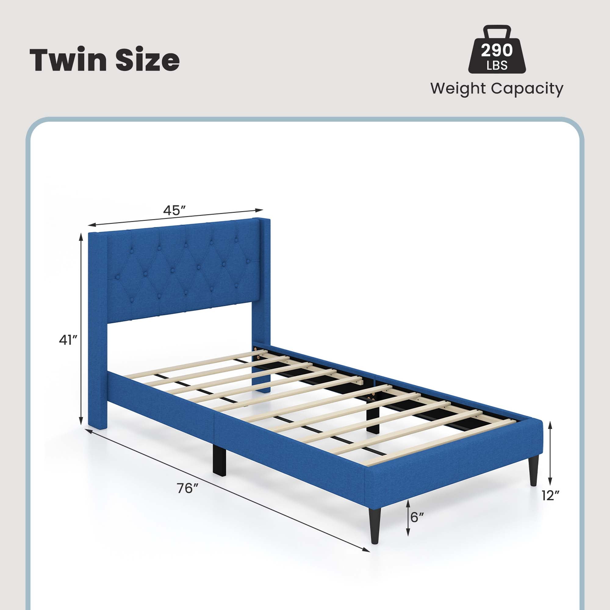 Costway Twin Size Upholstered Platform Bed with Button Tufted Wingback Headboard Blue - Image 4