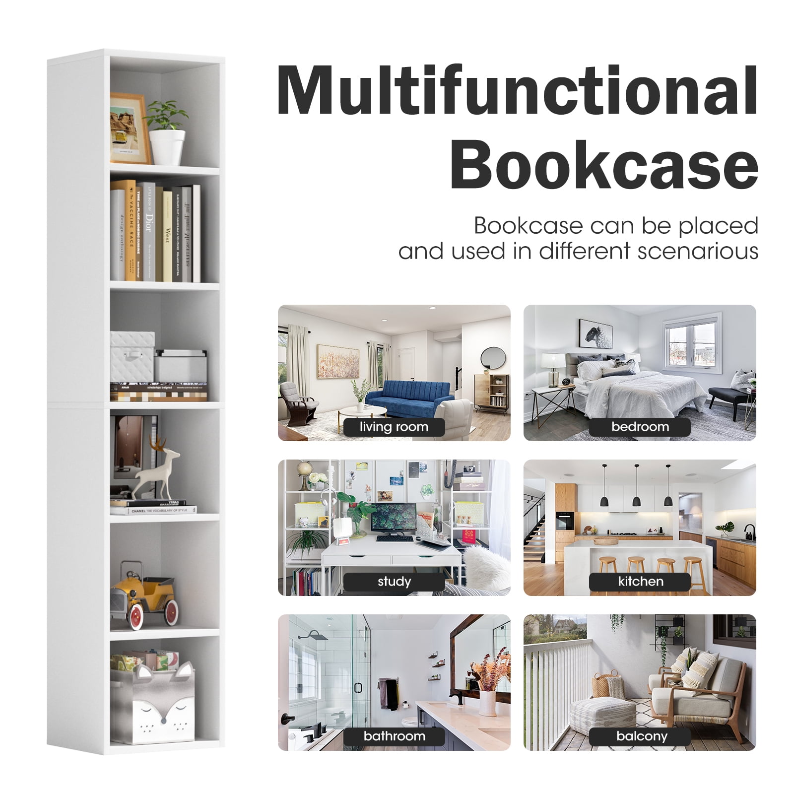 Bapipro Tall Narrow Bookshelf, 6-Tier Cube Display Rack, Modern Corner Bookshelf with Storage Space, Storage Cabinet for Home Office (White 1 Pack) - Image 7