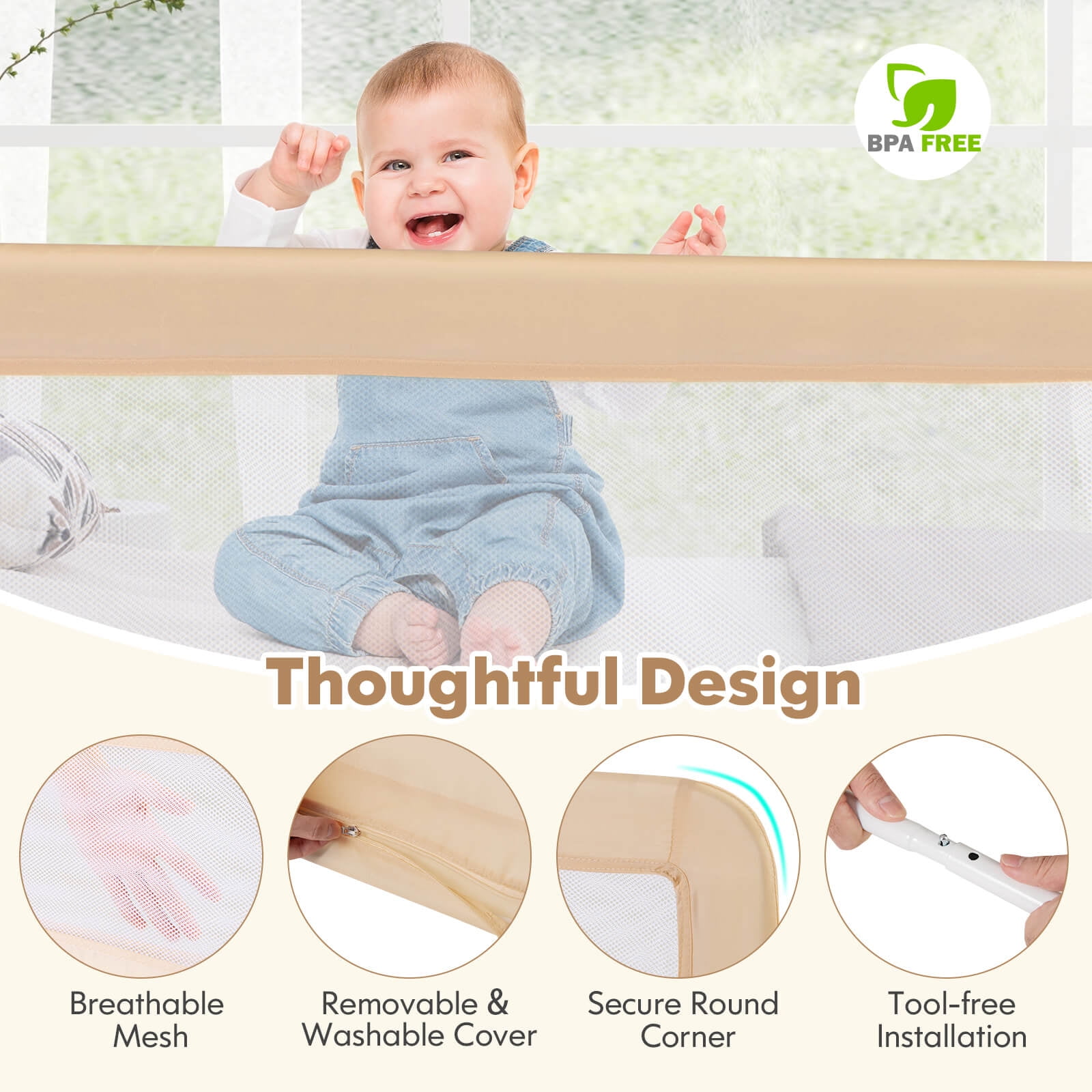 Babyjoy 71" Long Bed Rail for Toddlers with Removable Cover Breathable Mesh & Crossbar Beige - Image 2